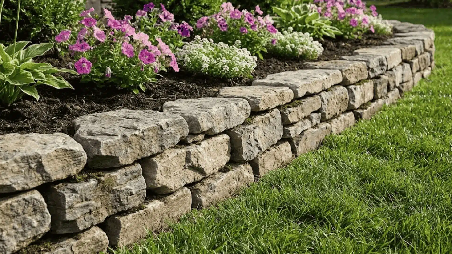 stacked fieldstone border separating colorful flower bed from green lawn