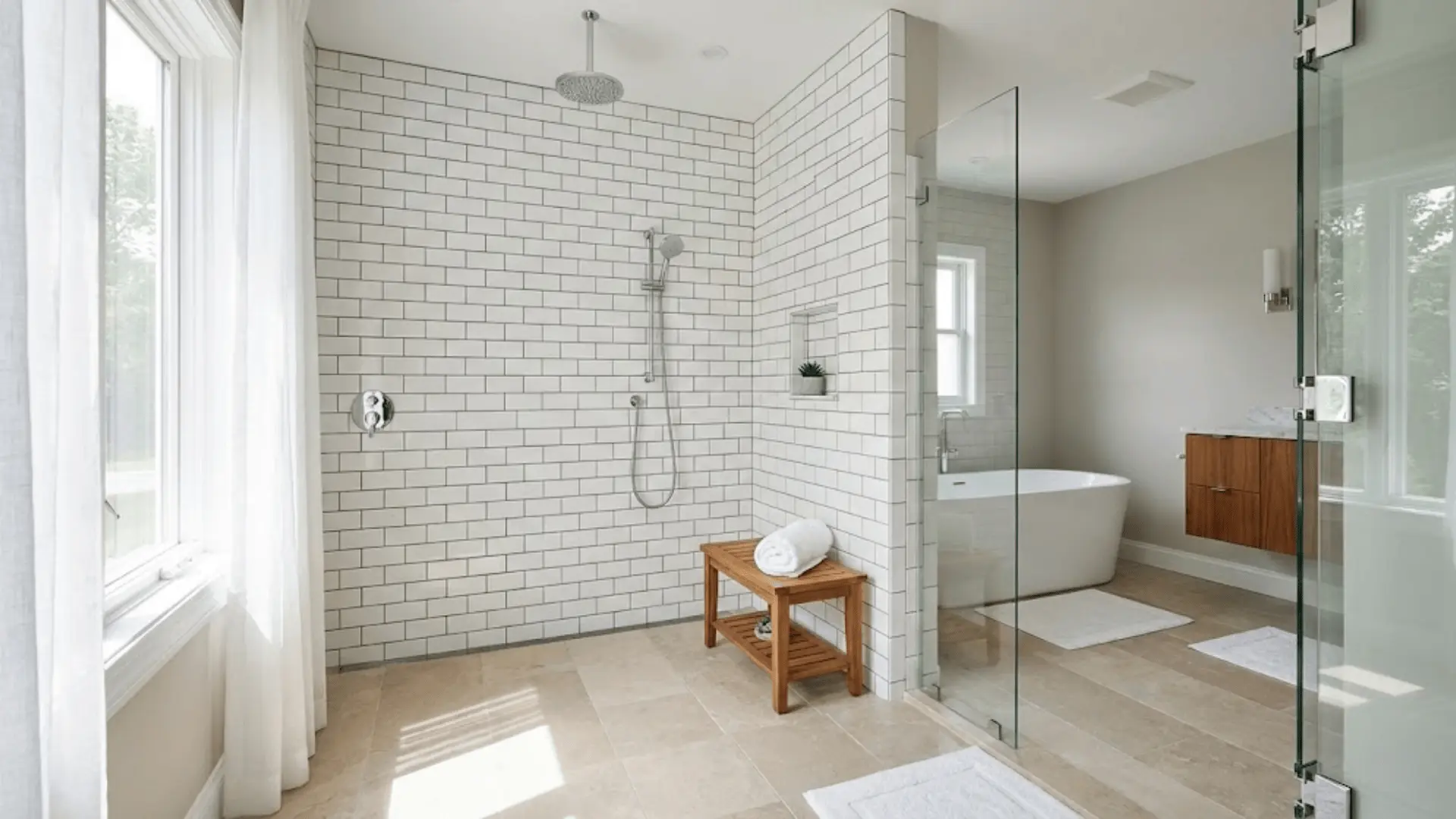 staged doorless shower with frameless glass and natural light for real estate photography