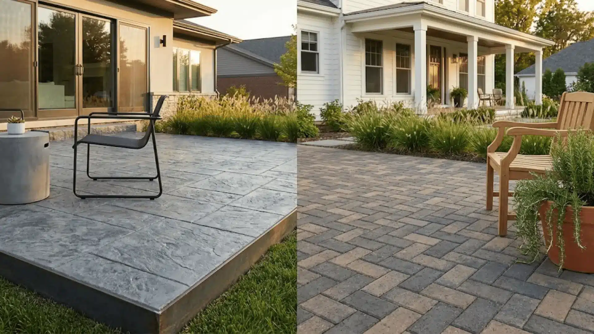stamped concrete patio on the left and herringbone clay paver patio on the right with matching outdoor chairs and home exteriors
