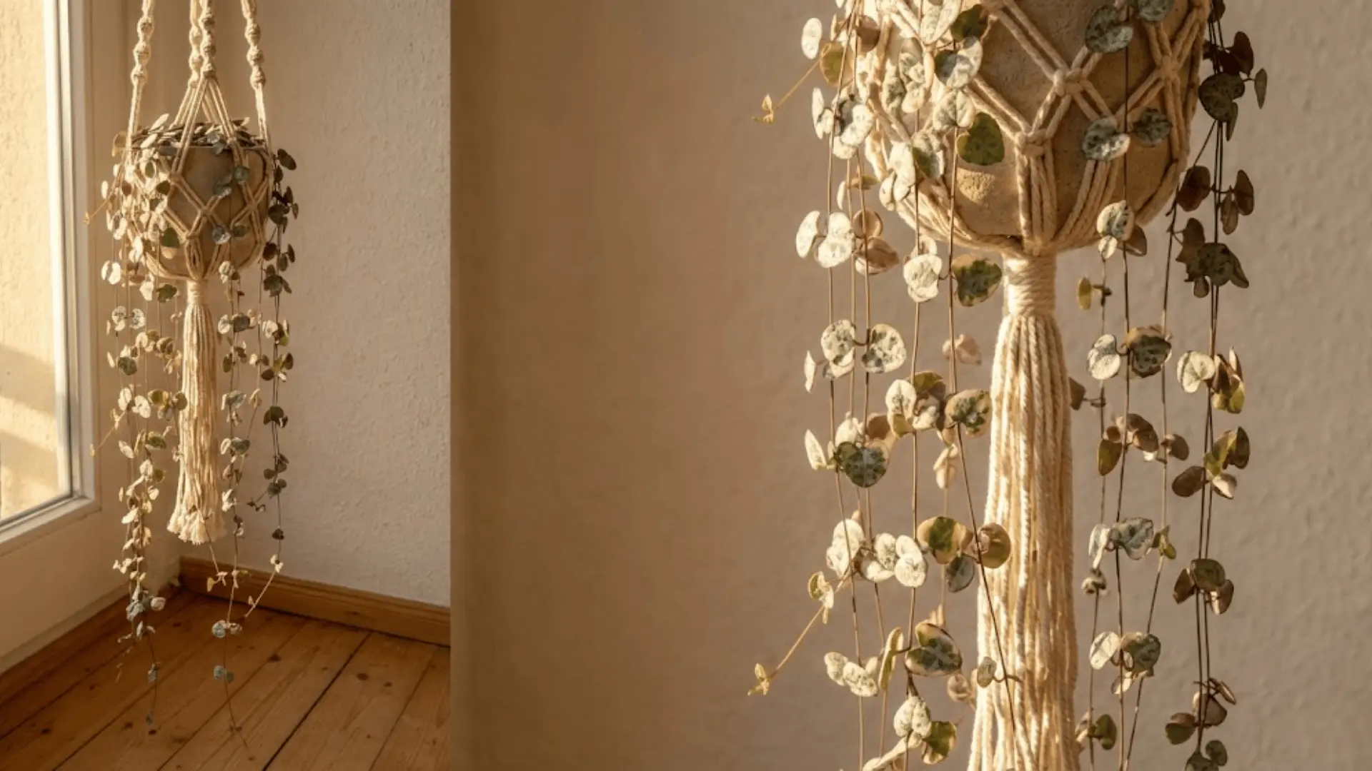 string of hearts plant hanging in a macrame holder with trailing vines in warm afternoon light