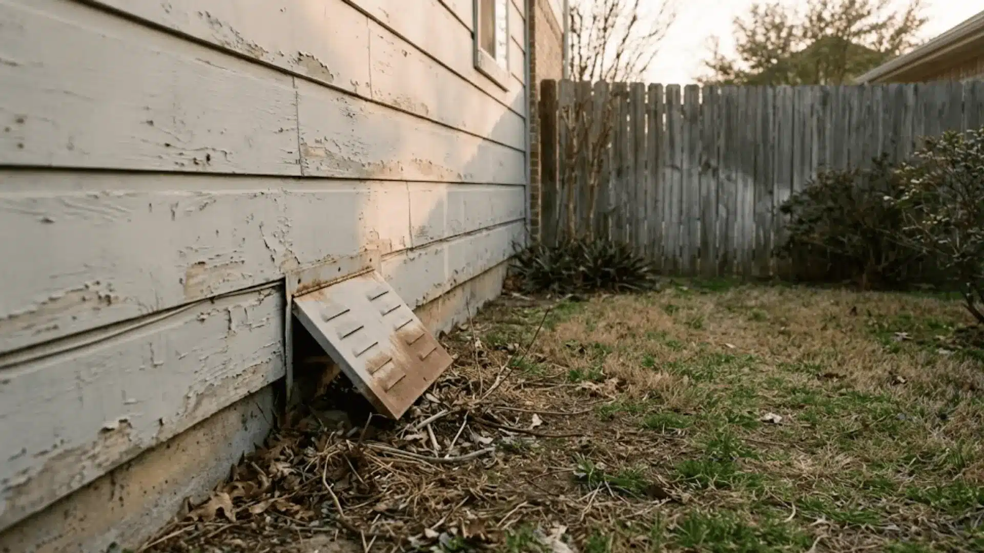 suburban home exterior at dusk showing a slightly open crawlspace vent with weathered wood siding and scattered dry leaves