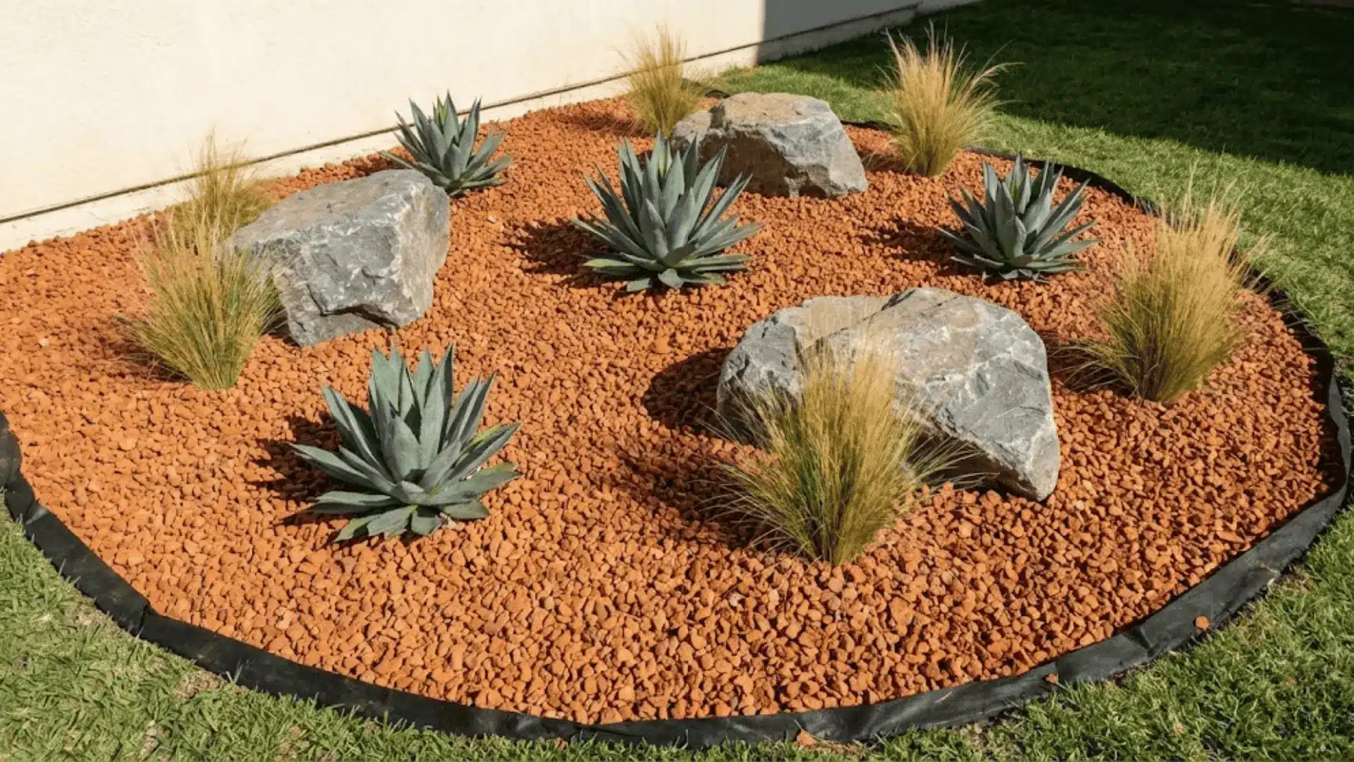 terra cotta decorative gravel accent area with boulders and agave plants