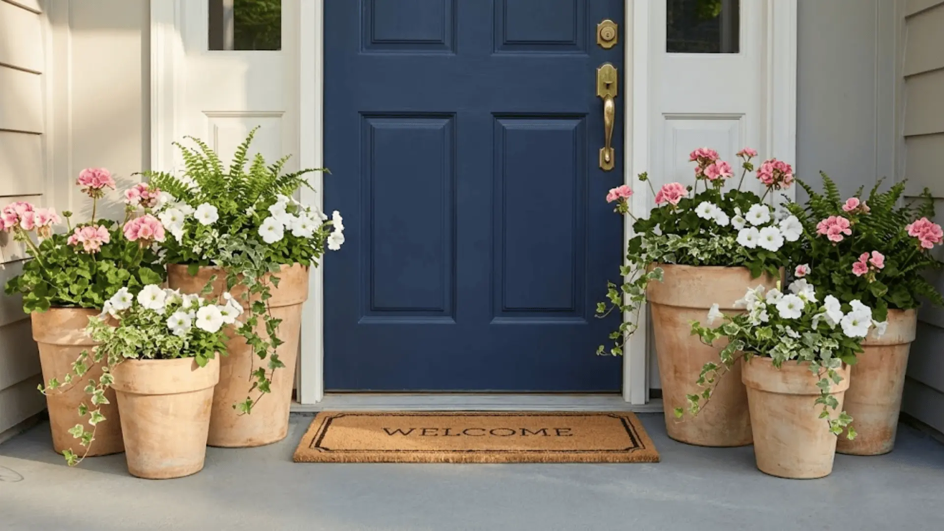 terracotta pots with colorful flowers flanking a front door entrance