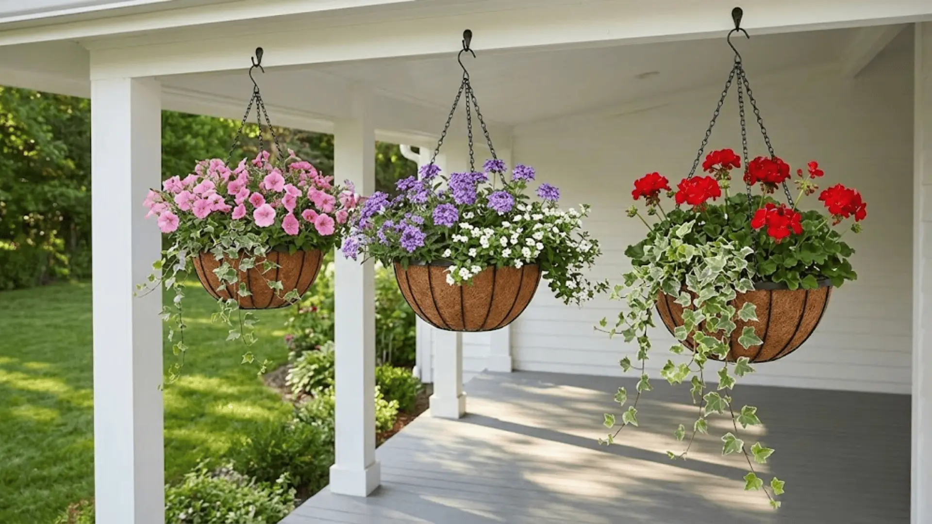 three hanging baskets with cascading flowers suspended from white porch ceiling