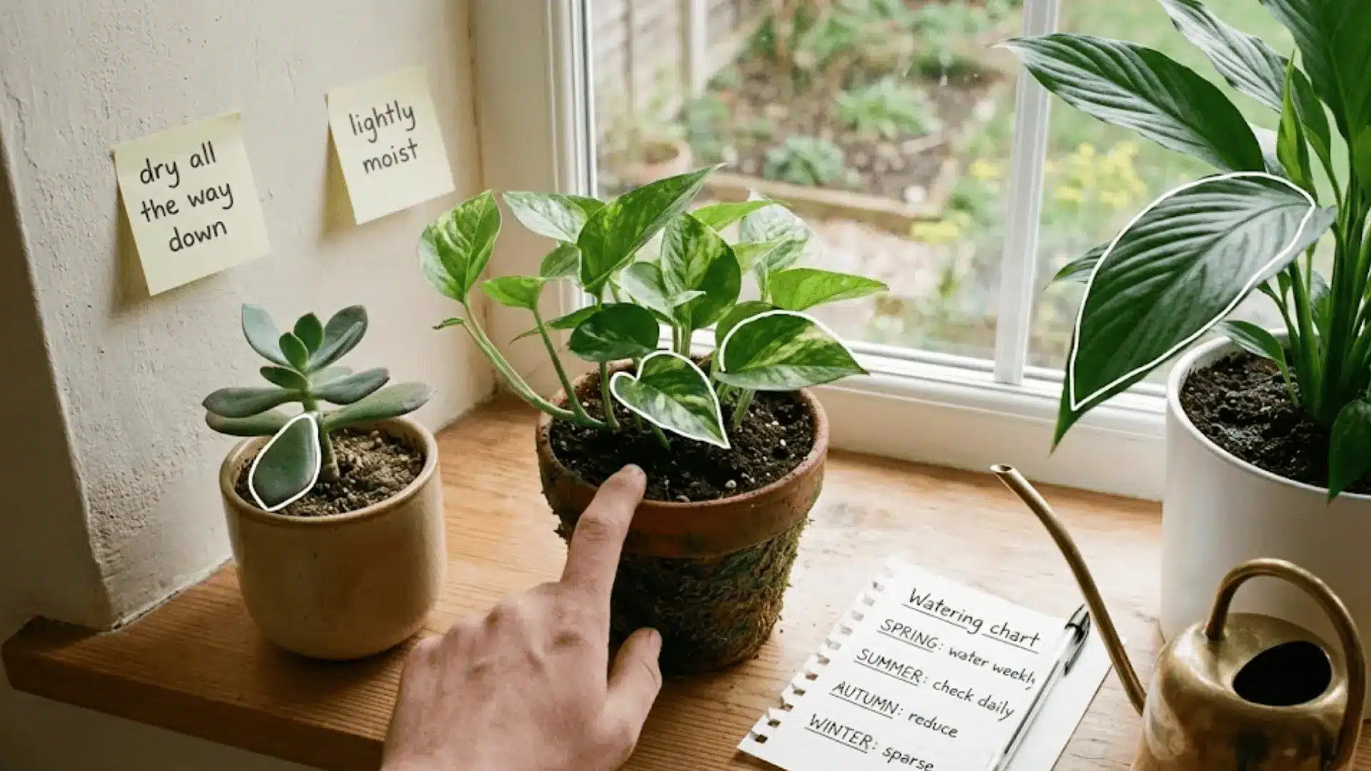 three indoor plants on a windowsill with soil check, sticky note watering tips, and white outlined leaves in natural light