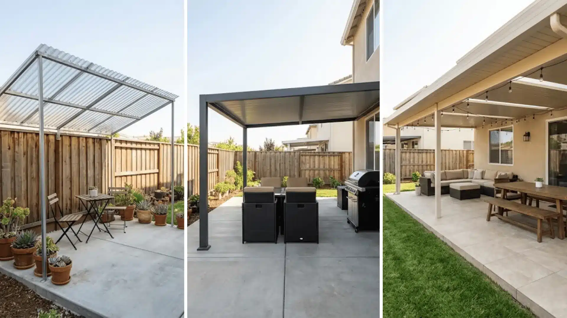 three patio cover sizes shown side by side including a 10x10, 12x12, and 20x20 installed in residential backyards