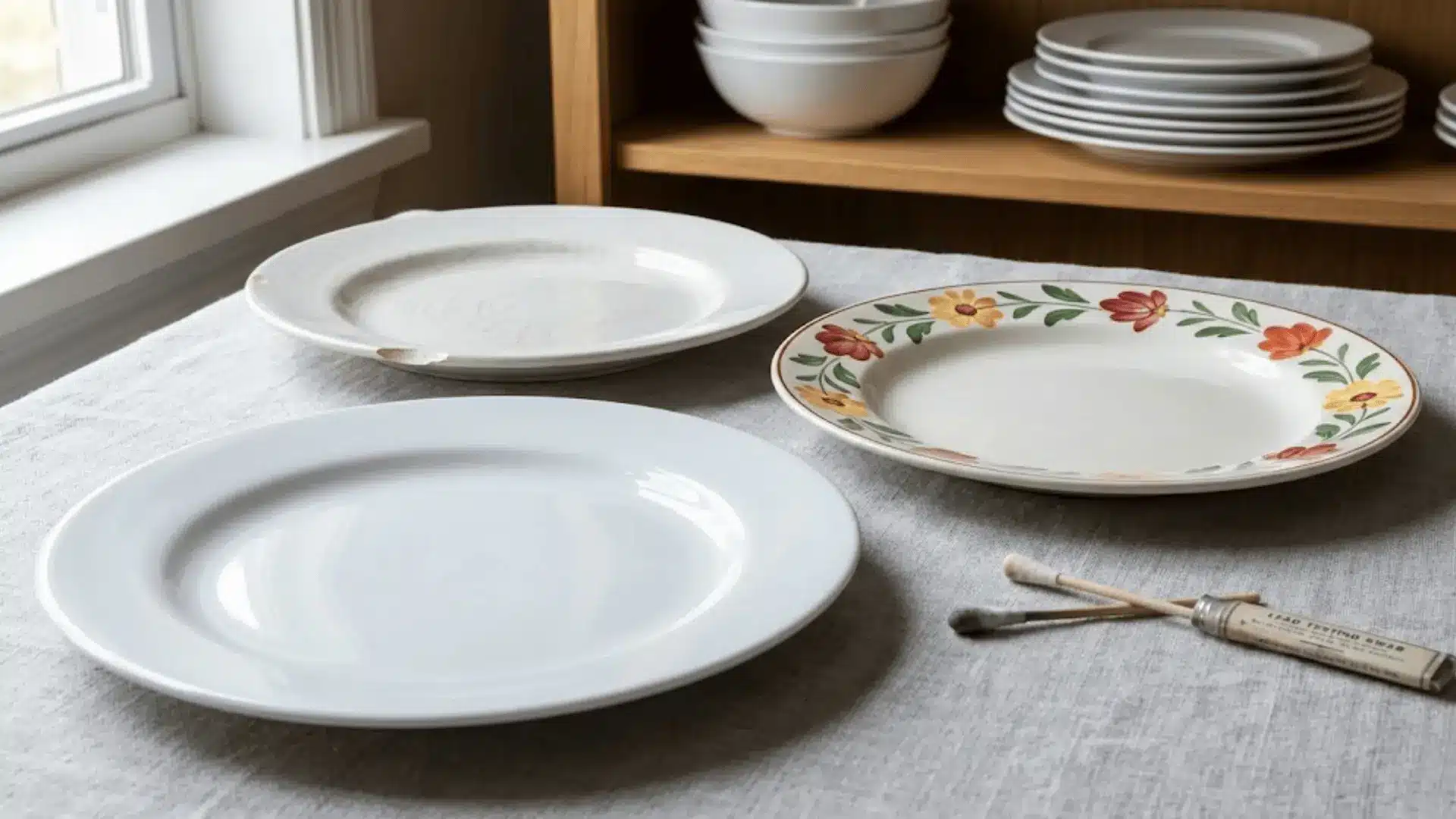 three porcelain plates showing pristine glaze, colorful decorative patterns, and visible damage with chips and cracks