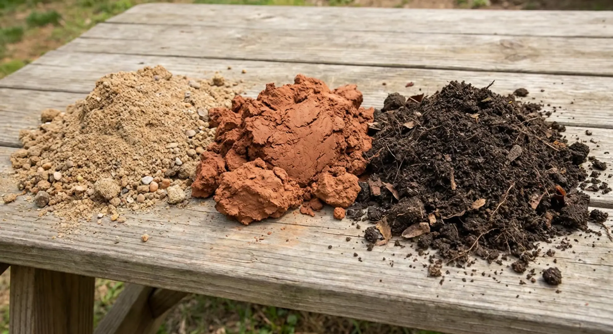 three soil types displayed showing sandy clay and loamy soil textures and colors