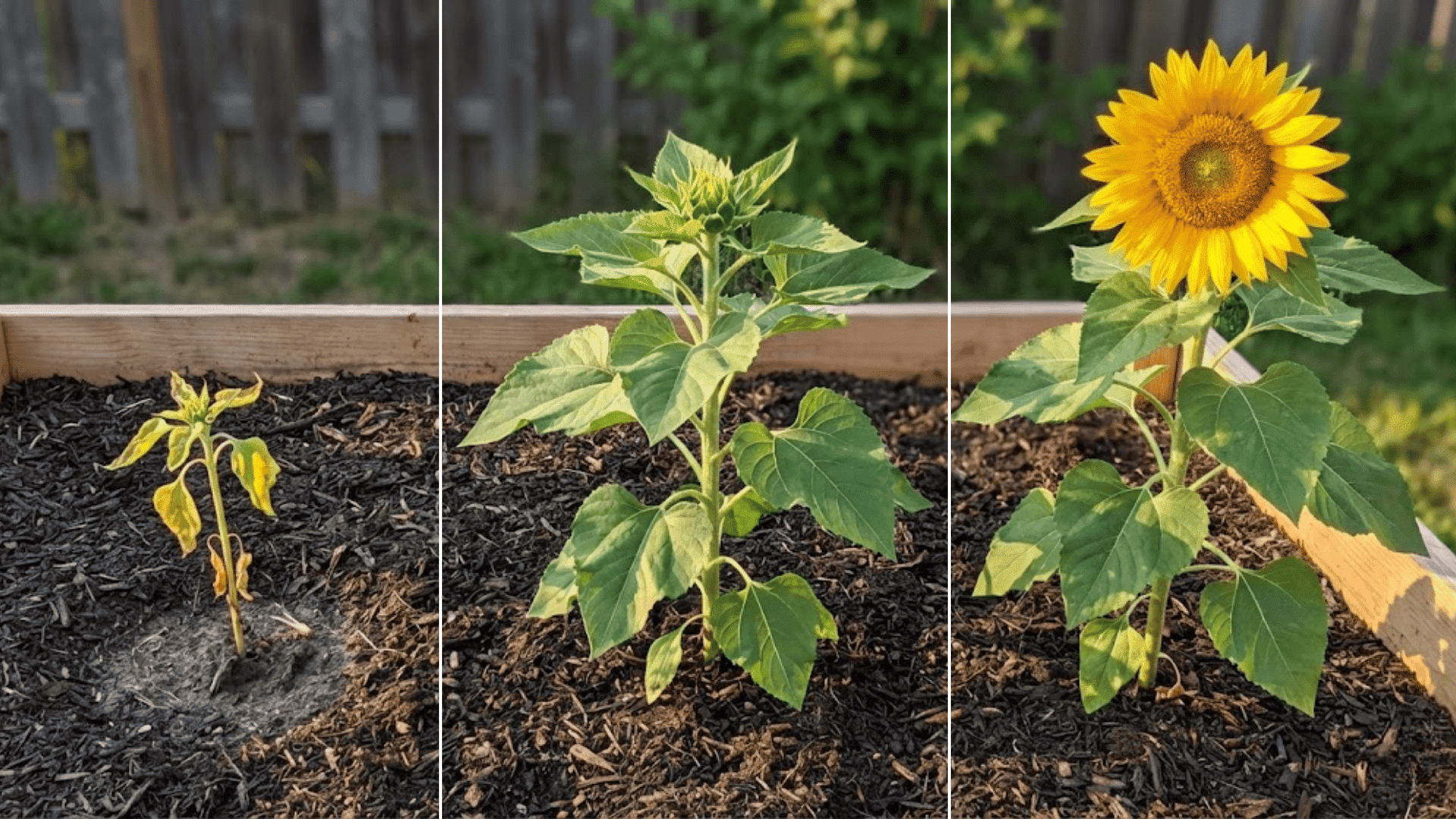 three sunflower plants showing stunted seedling, healthy growing plant and mature blooming sunflower in garden bed