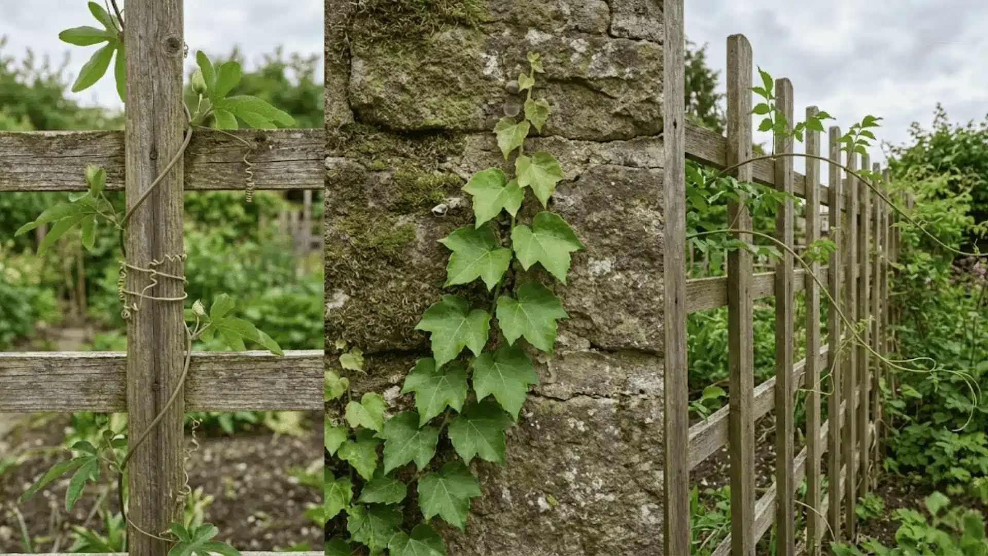 three vine types climbing a weathered wooden fence and stone wall in a natural outdoor garden setting