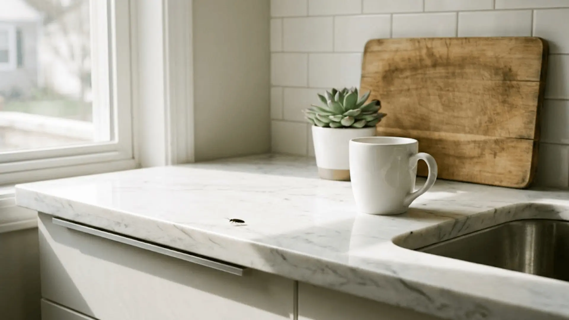 tiny dark bug on white kitchen counter near coffee mug in bright natural sunlight