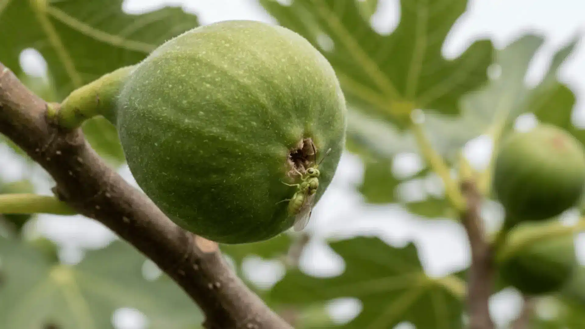 tiny fig wasp entering green unripe fig through small opening on branch with leaves in natural light
