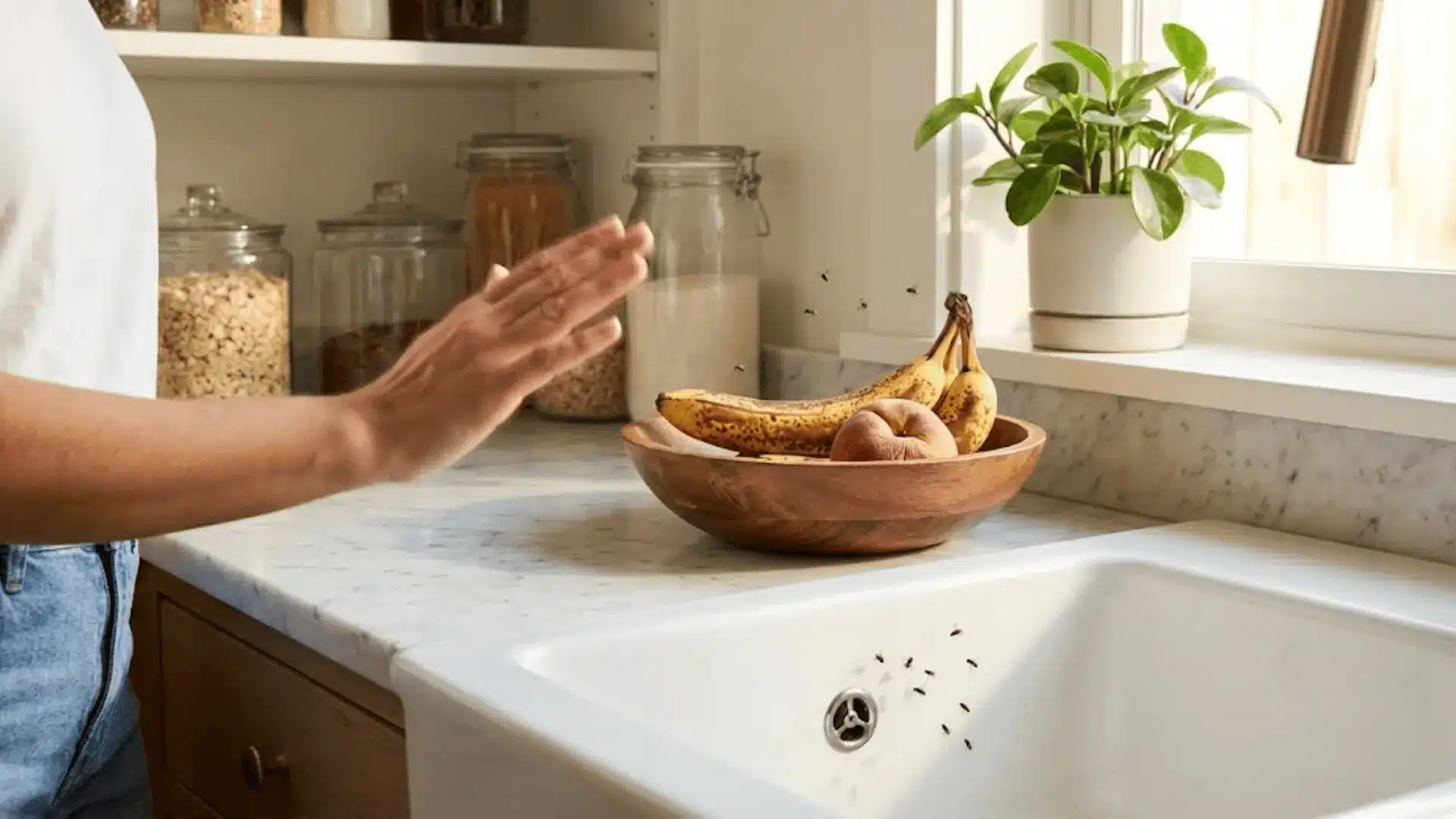 tiny flies hovering near a kitchen sink and overripe fruit bowl in a bright natural home setting