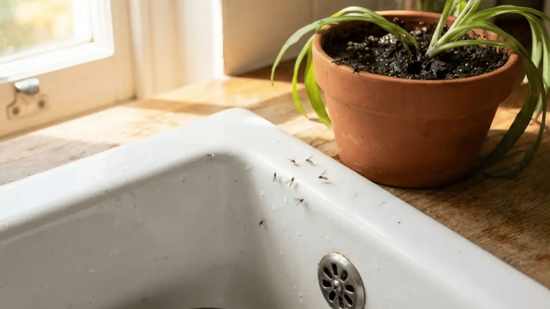 tiny gnats and drain flies near a kitchen sink and houseplant, sharp natural light, realistic close-up