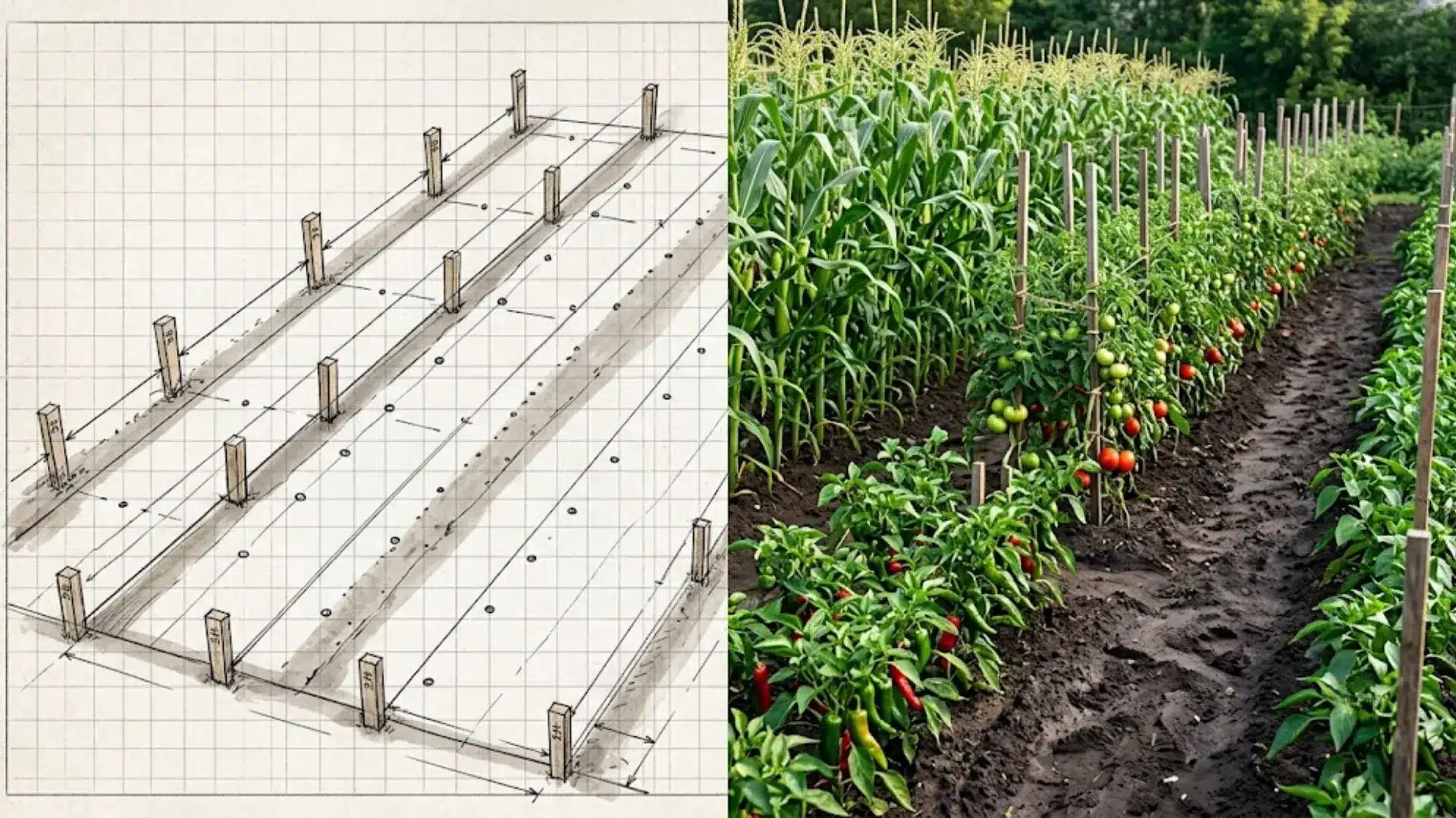diagram and real photo of a row vegetable garden layout side by side