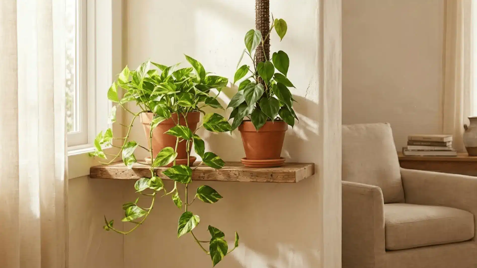 trailing pothos and climbing philodendron on a wooden shelf in a warm sunlit indoor corner