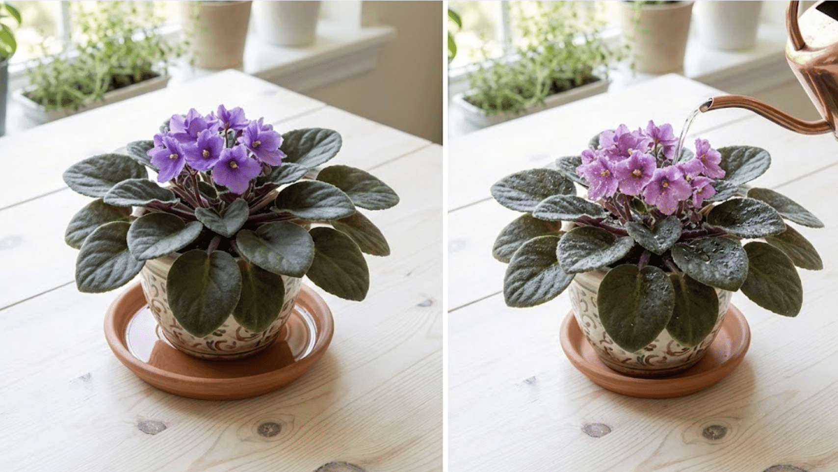 two african violet plants showing bottom watering versus top watering methods side by side on wooden table