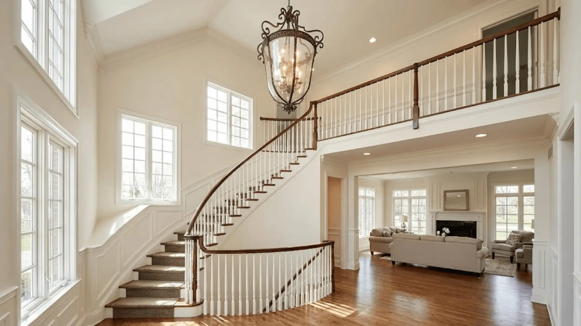 two-story home foyer with vaulted ceiling staircase and open landing in warm natural light