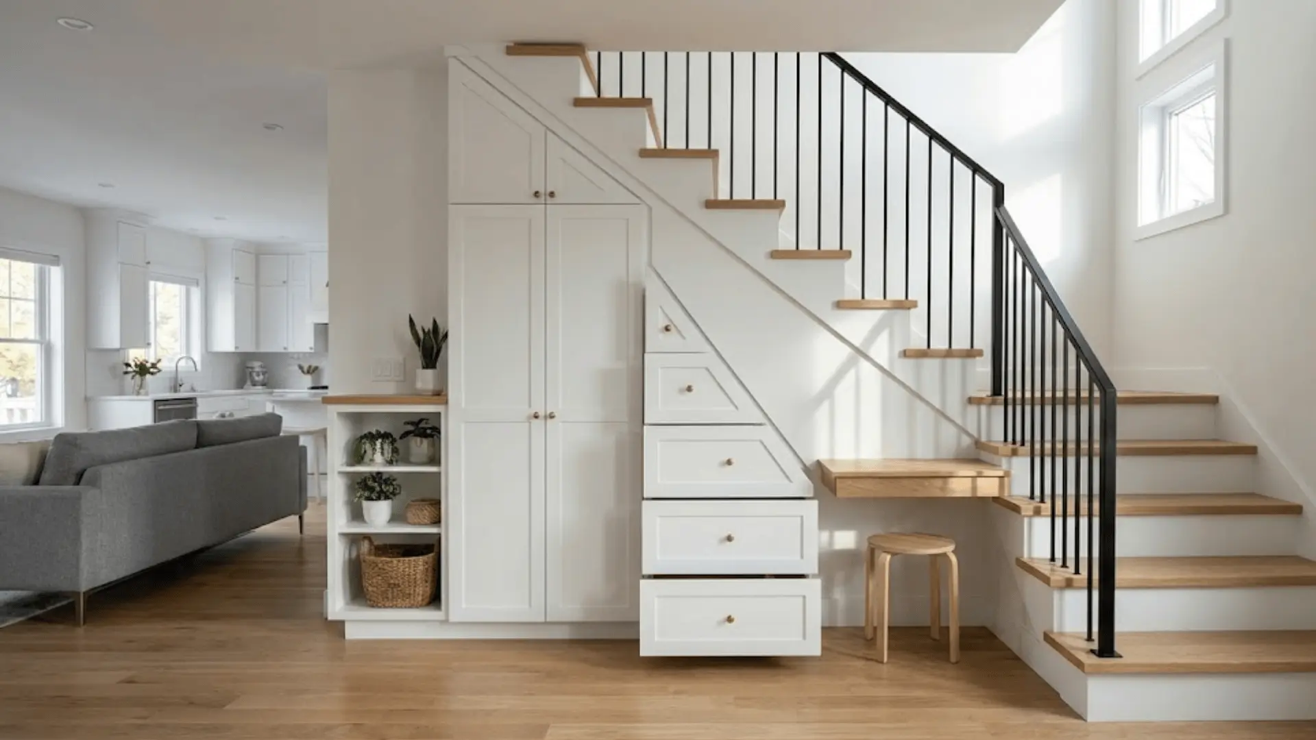 under-stair storage with cabinets and shelves in open floor plan