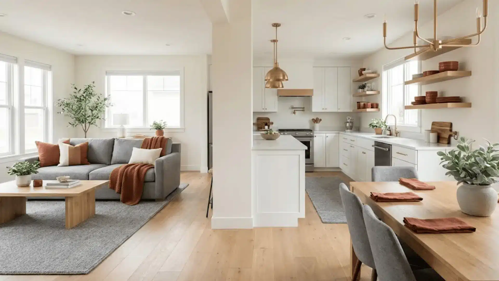 unified color palette of gray, rust, and oak repeated throughout open floor plan
