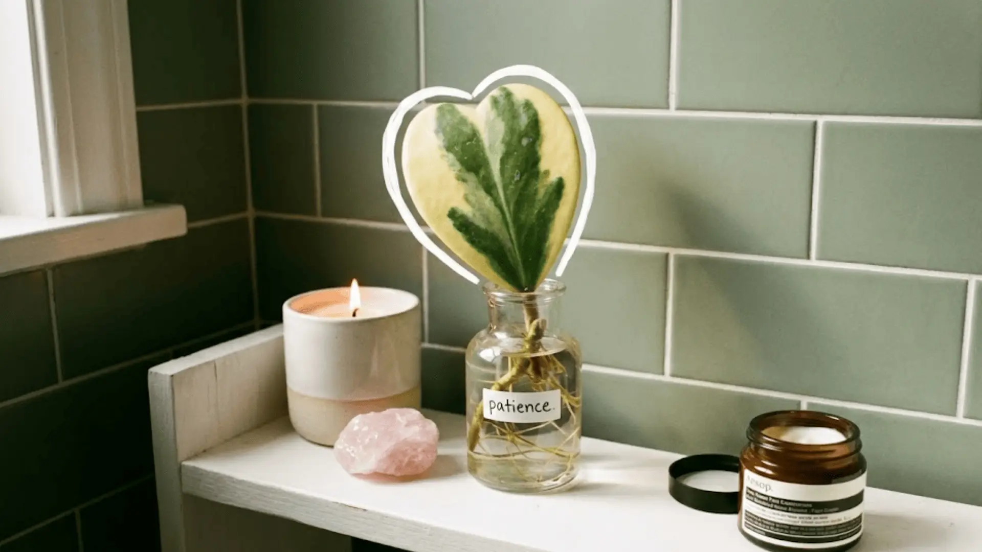 variegated hoya in glass vase with white outlined leaf, crystals, and sage tile wall in sharp focus