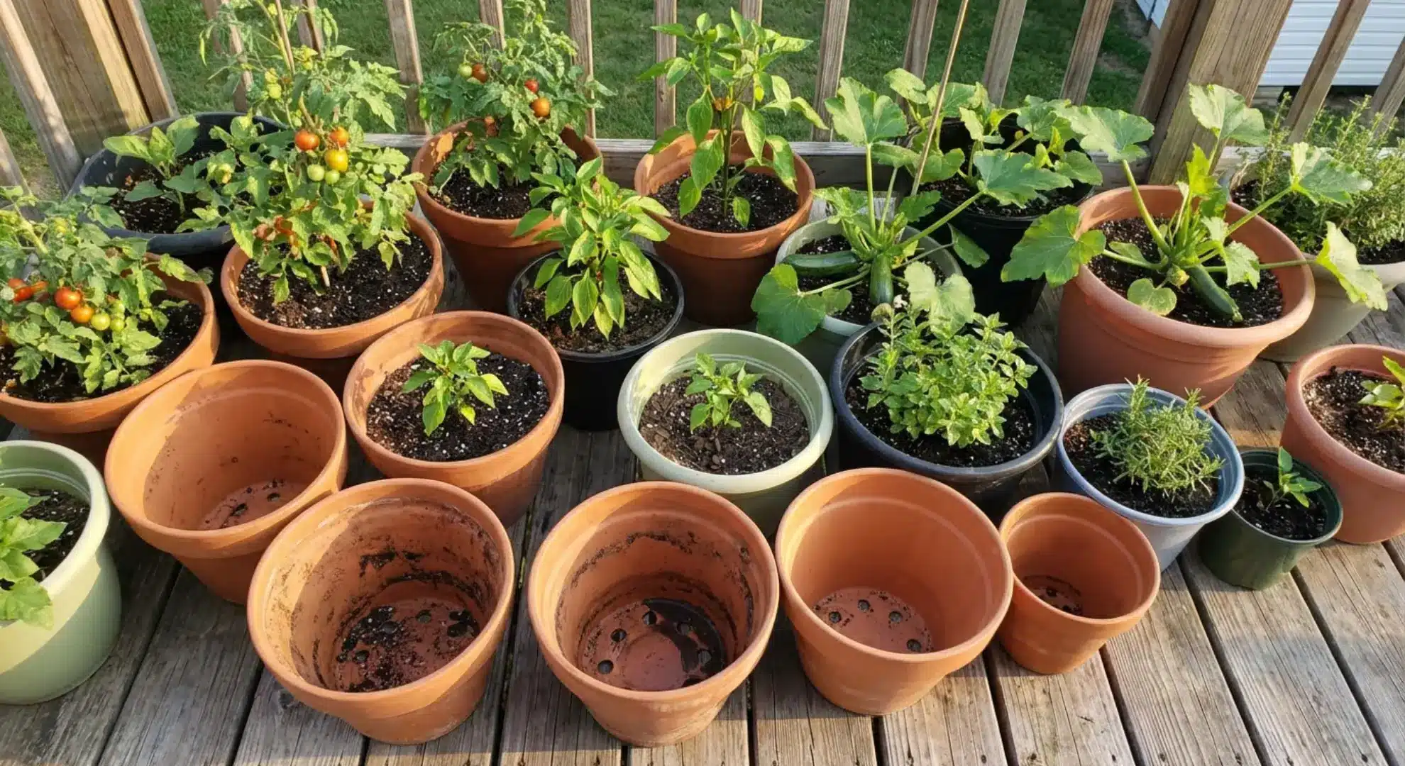 vegetable container garden with various sized pots showing drainage holes on deck
