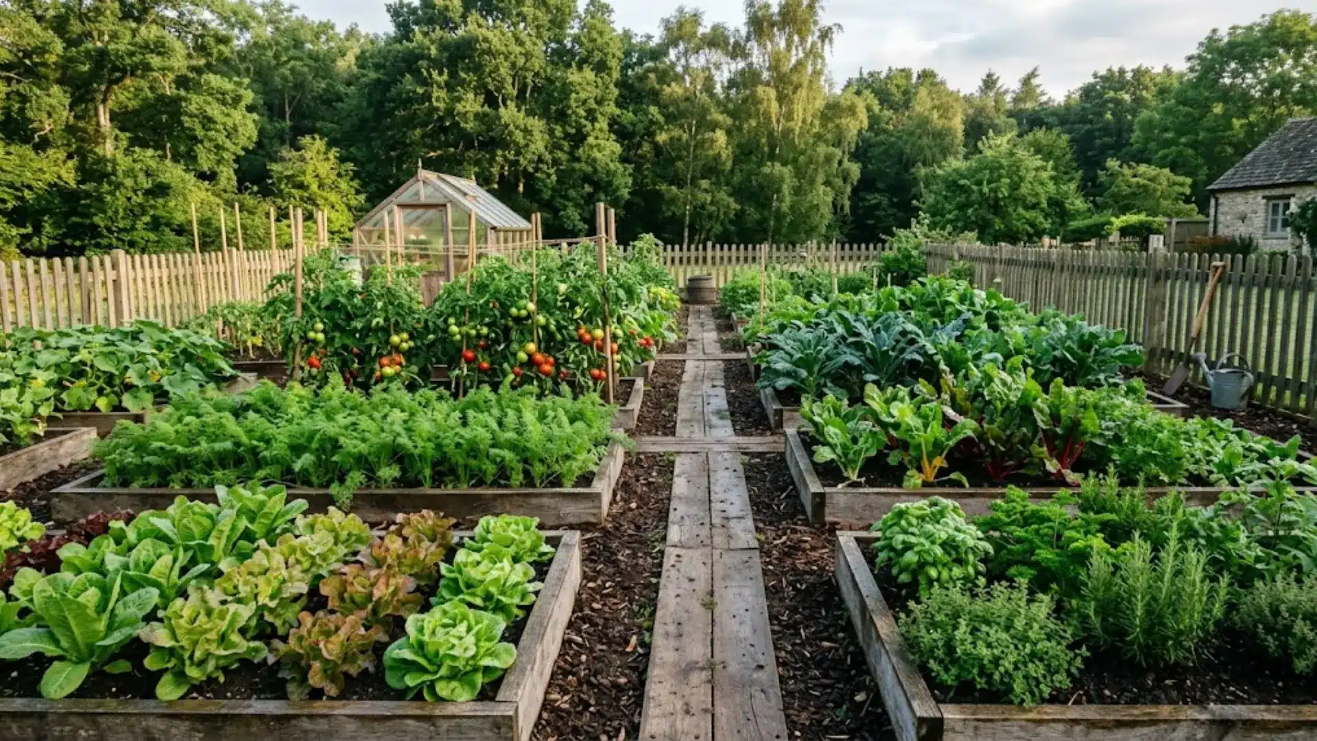 backyard vegetable garden with raised beds and rows spaced neatly together