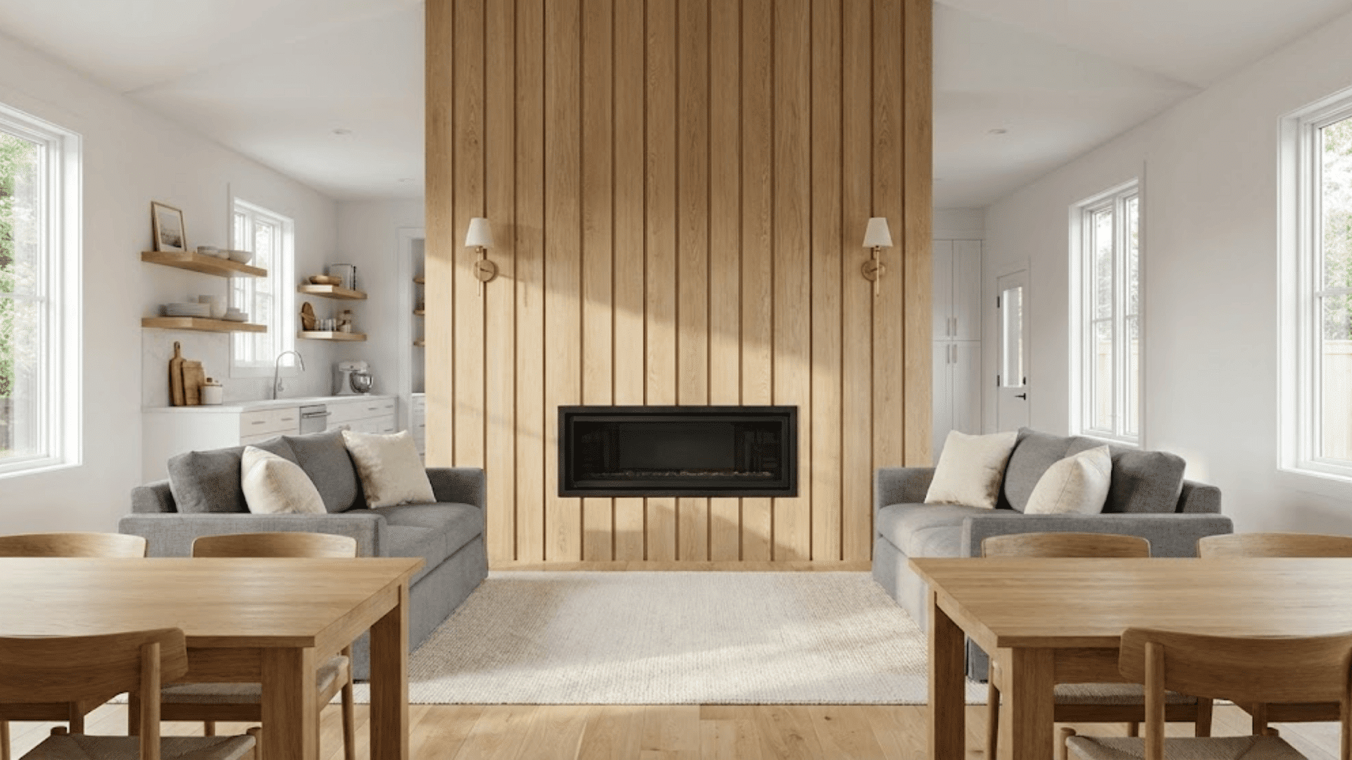 vertical oak shiplap feature wall anchoring living room in open floor plan