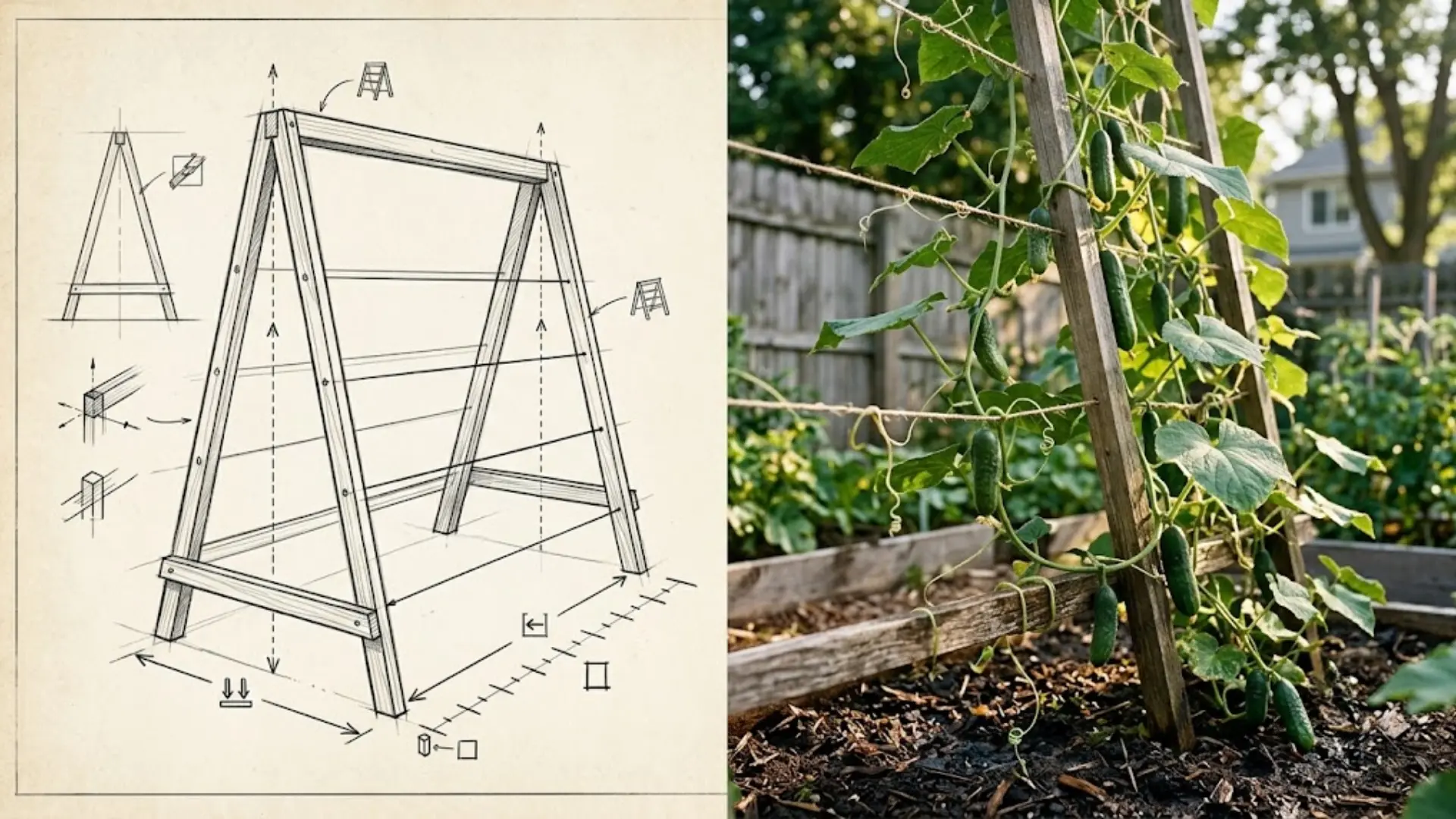 diagram and real photo of cucumber vines growing on a vertical trellis