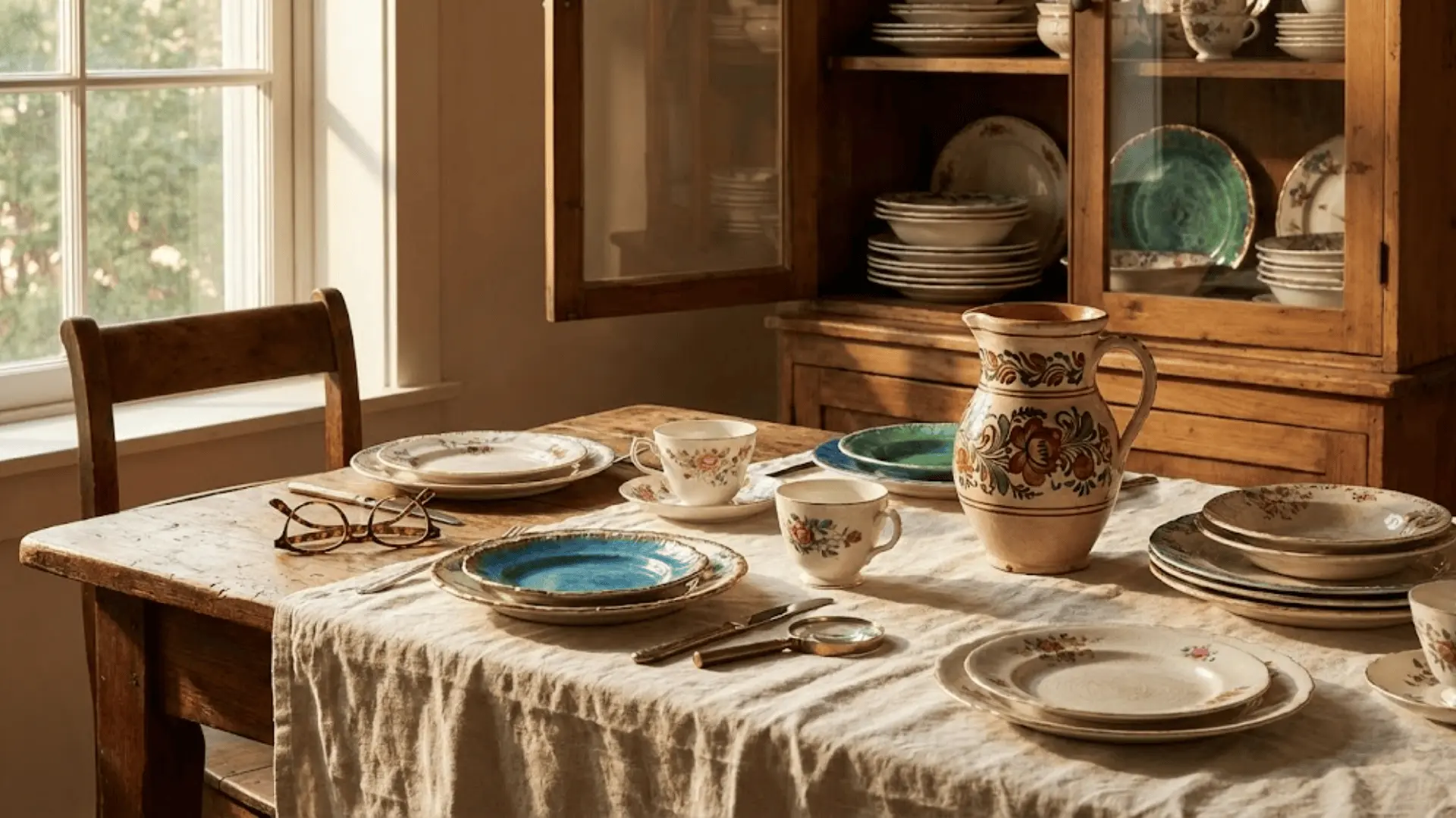 vintage ceramic dishes and heirloom china displayed on wooden table in natural kitchen light