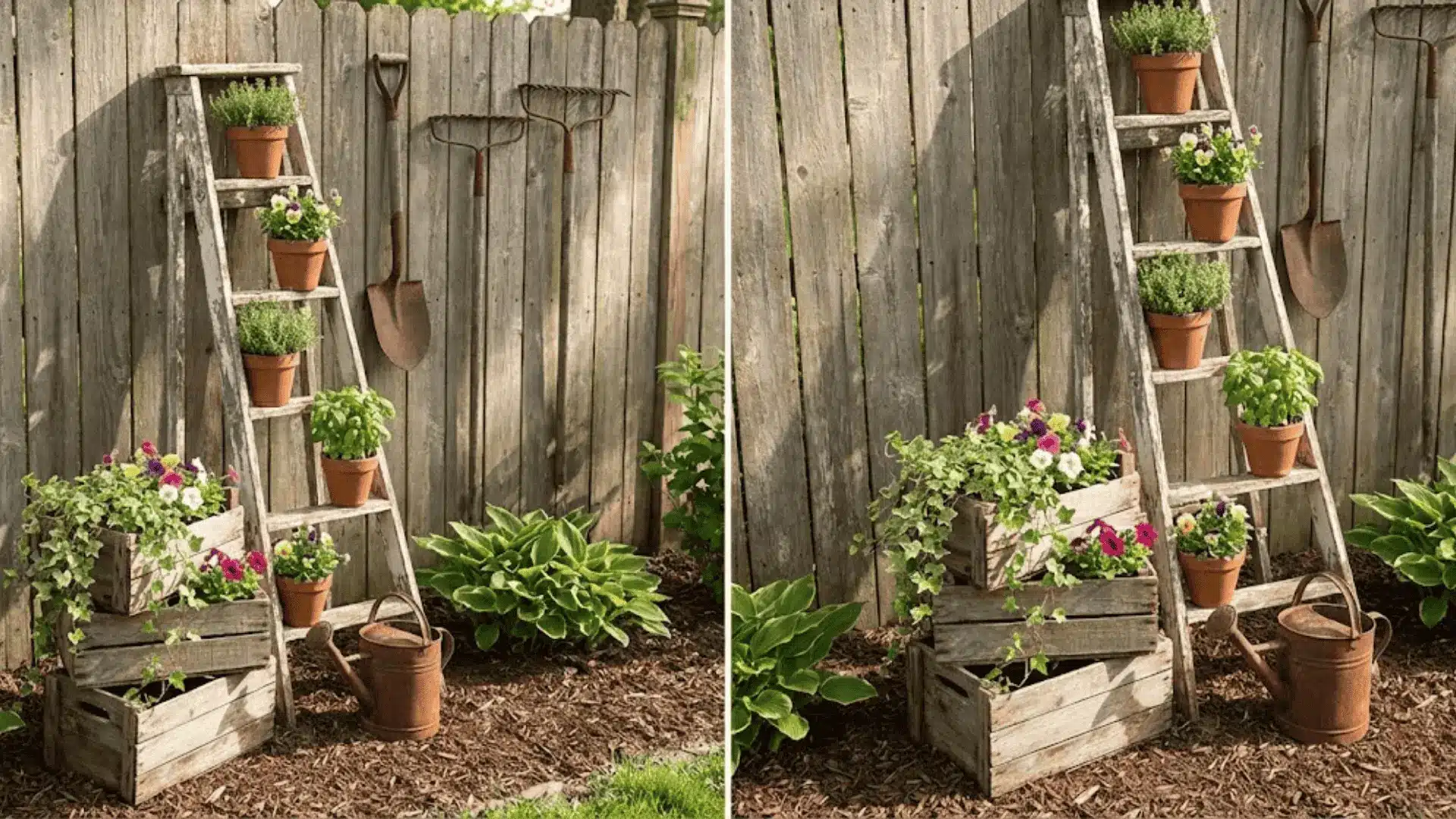 vintage ladder and wooden crates repurposed as plant stands in garden