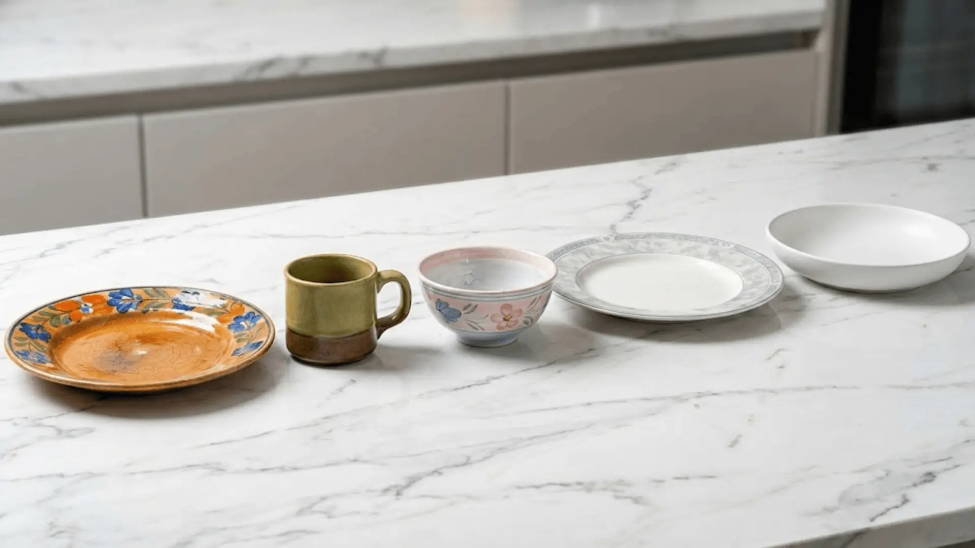 vintage to modern ceramic dishes arranged chronologically showing evolution of dishware styles and glazes