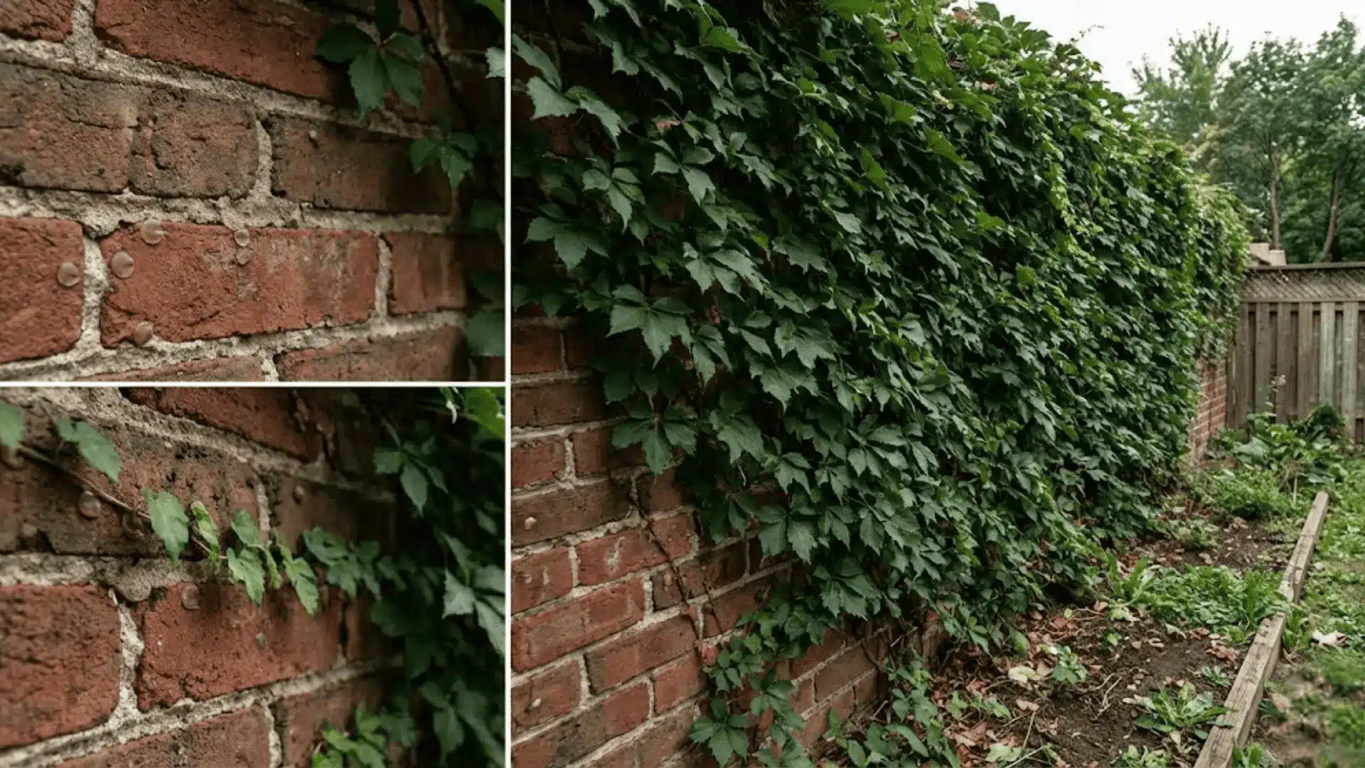 virginia creeper clinging to a rough aged brick wall with adhesive pads in an outdoor garden