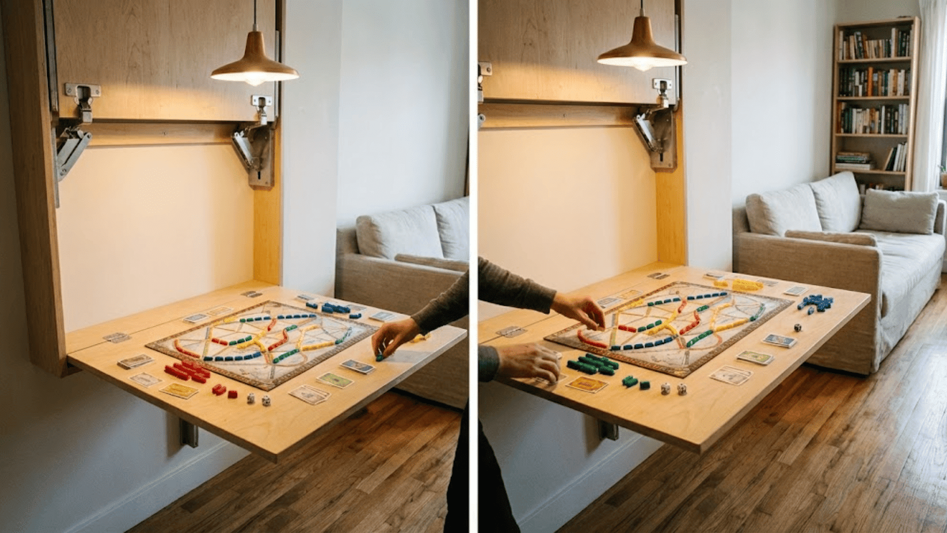 wall-mounted murphy table folded down for board game night with folding chairs in studio apartment