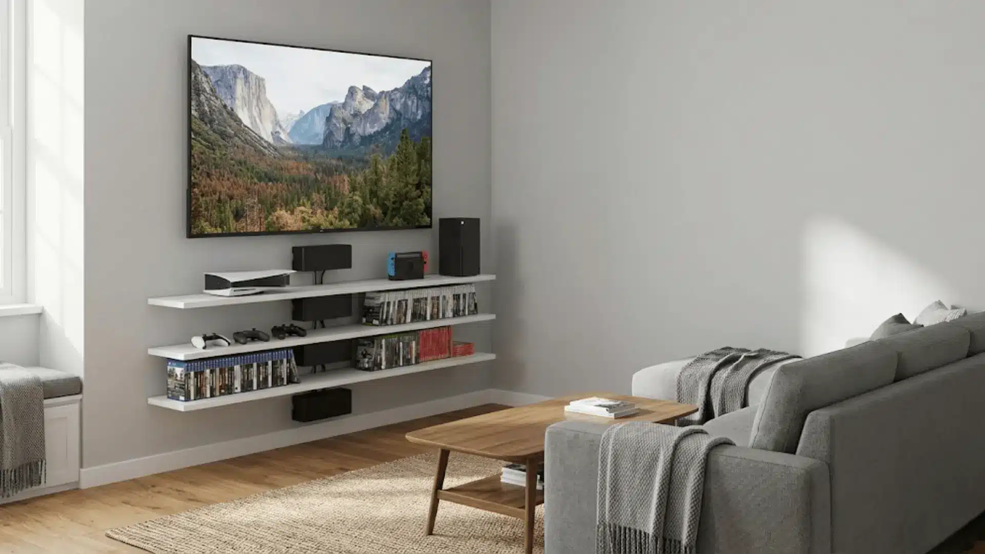 wall-mounted tv with floating shelves holding gaming consoles and organized cable management in modern living room