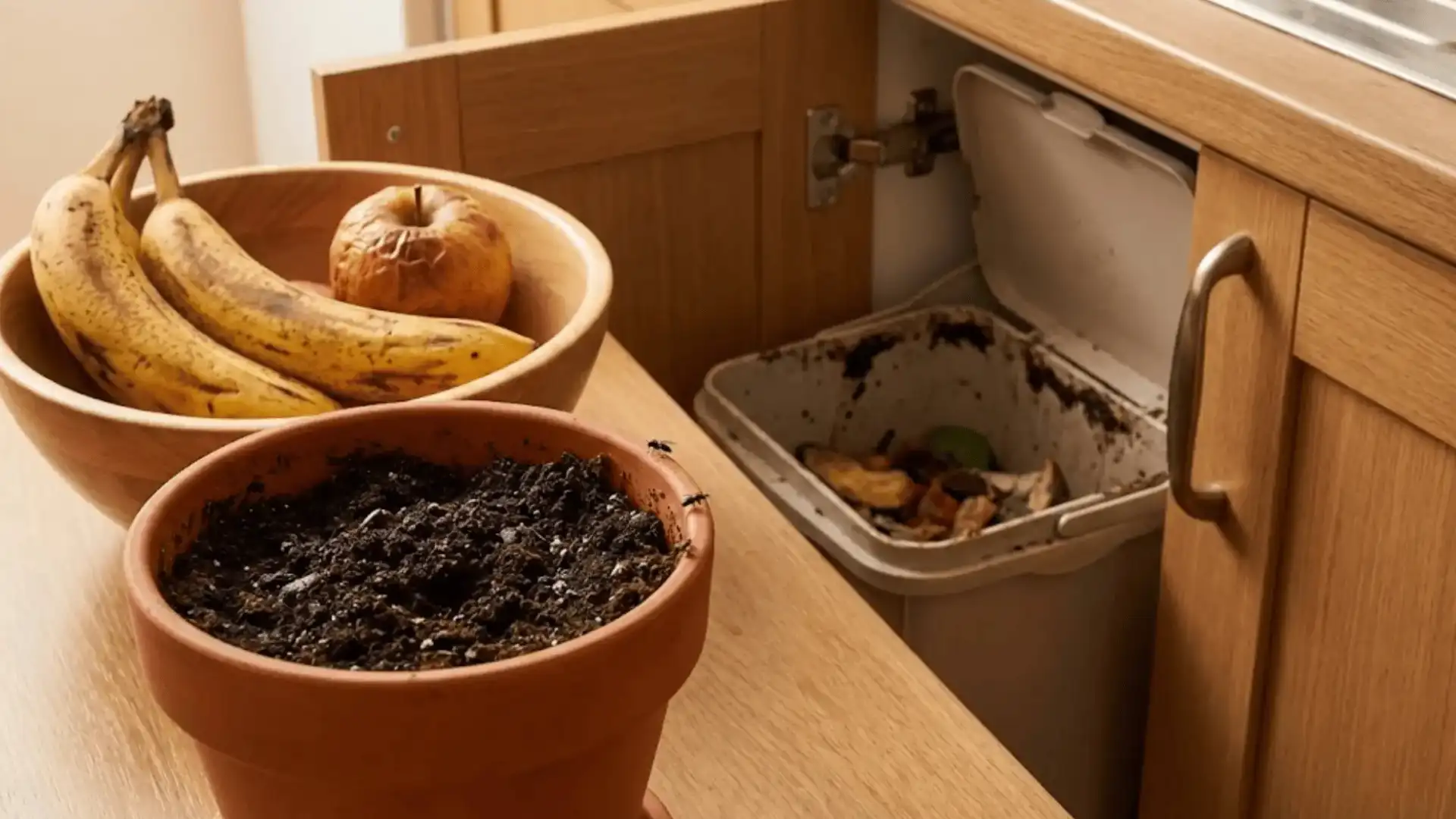 overripe fruit, damp houseplant soil, and kitchen bin showing common indoor gnat egg-laying spots