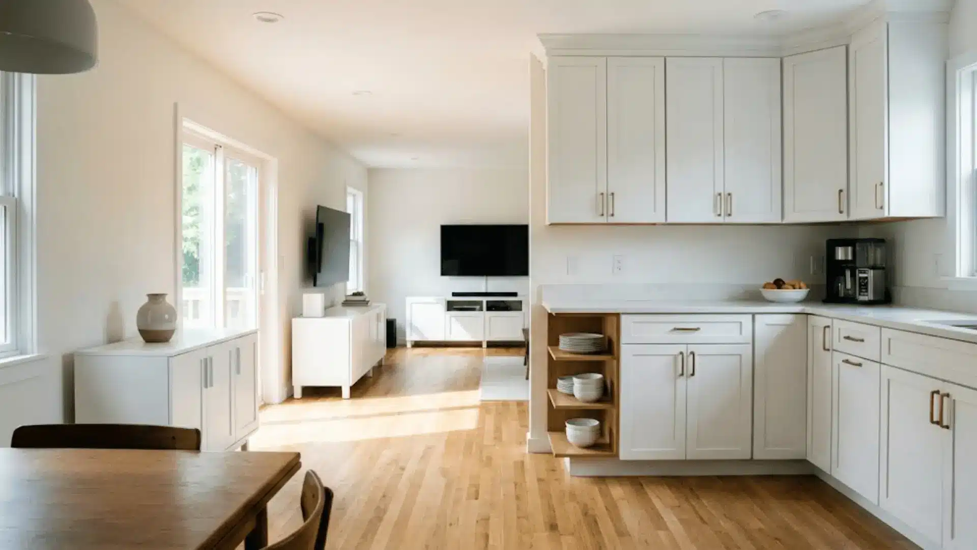 white closed cabinetry throughout kitchen and living area reducing clutter in open floor plan