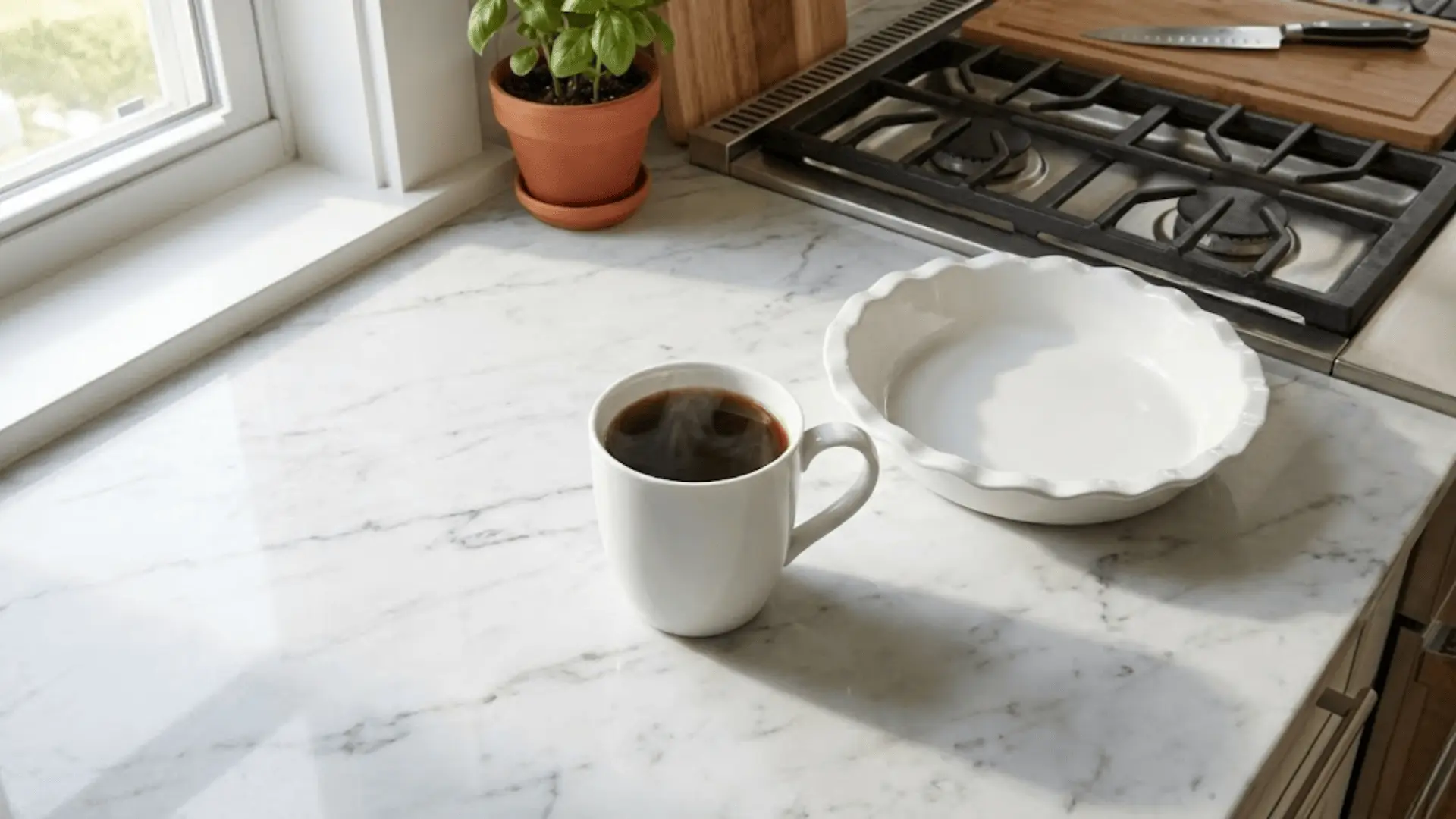 white porcelain mug and baking dish on marble countertop with natural morning light in modern kitchen setting