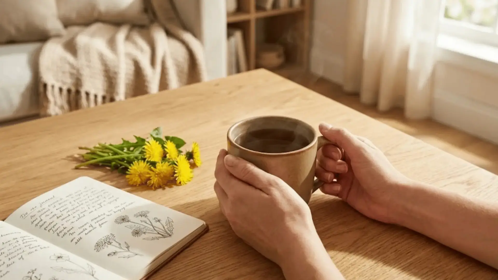 person holding a steaming tan mug of dandelion tea beside fresh dandelion flowers and an open sketch journal