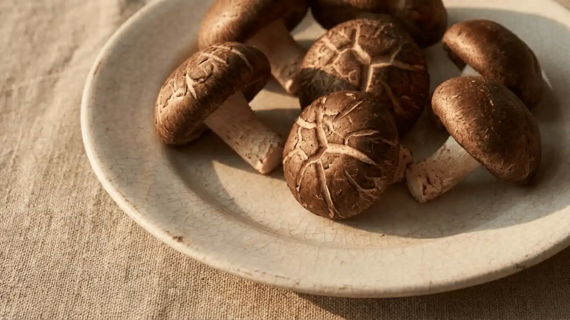 whole fresh shiitake mushrooms on an off-white ceramic plate with warm natural lighting
