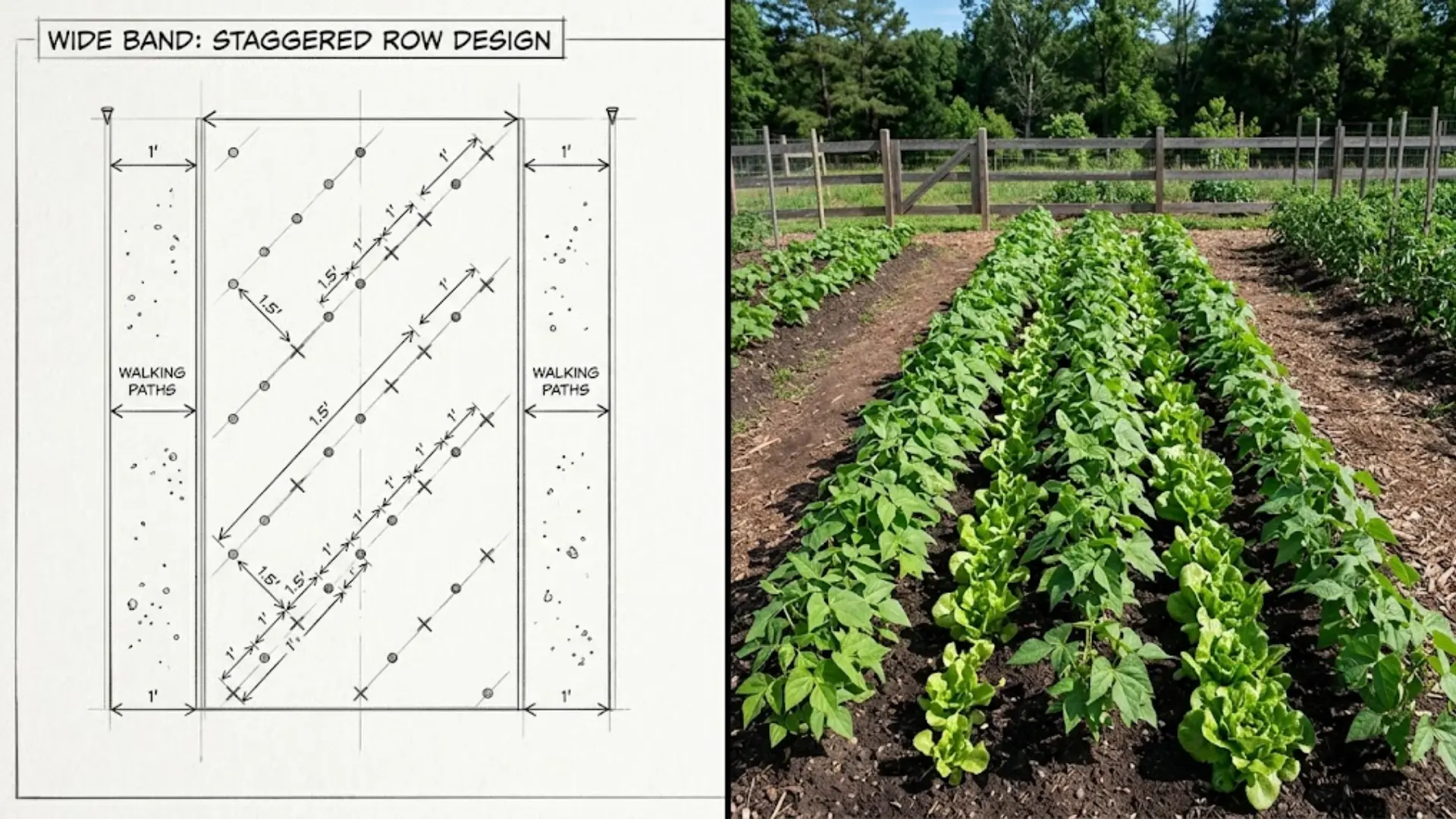 diagram and real photo of a wide row garden bed with staggered plant lines