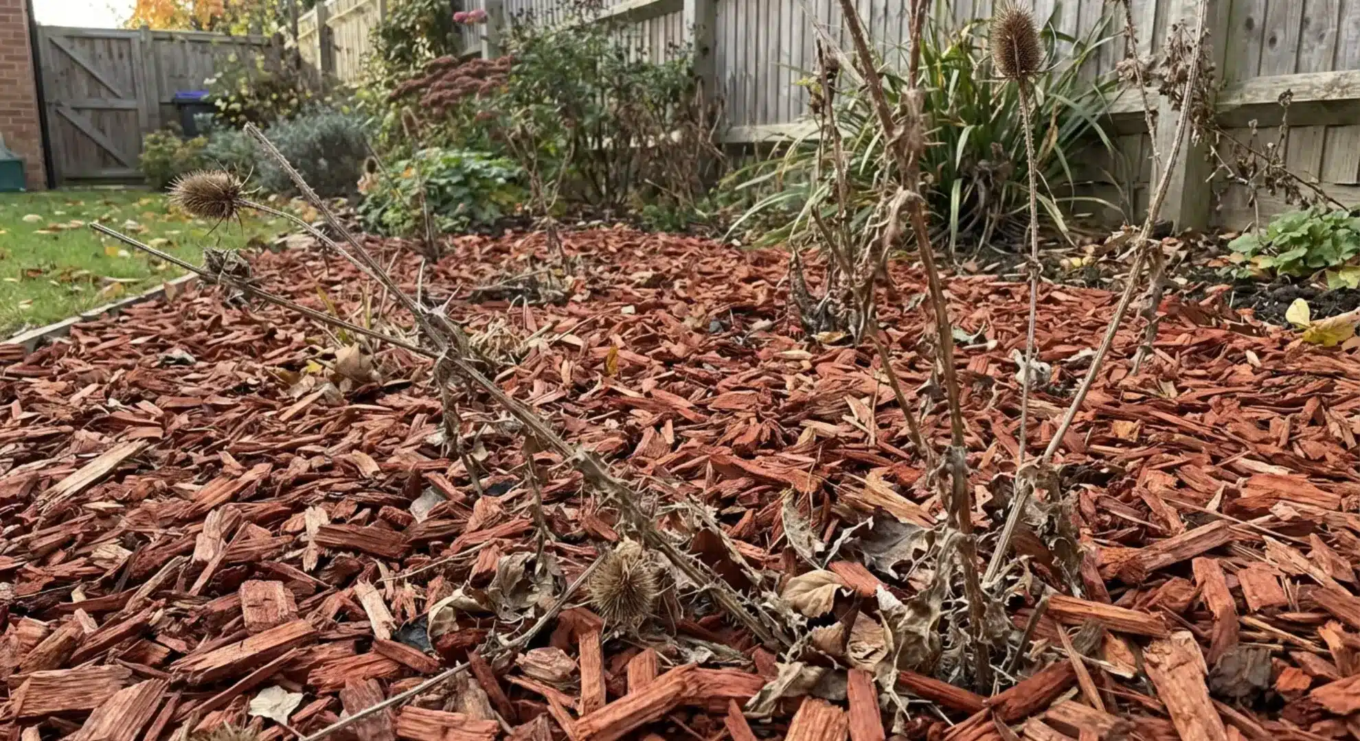wood chip mulch layer covering garden bed for thistle suppression