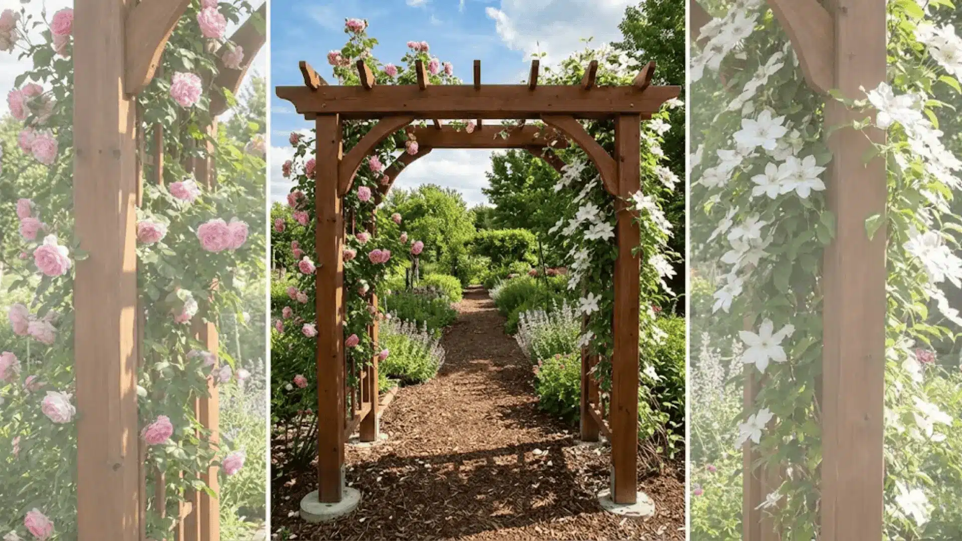 wooden garden arch covered with pink climbing roses over mulched pathway