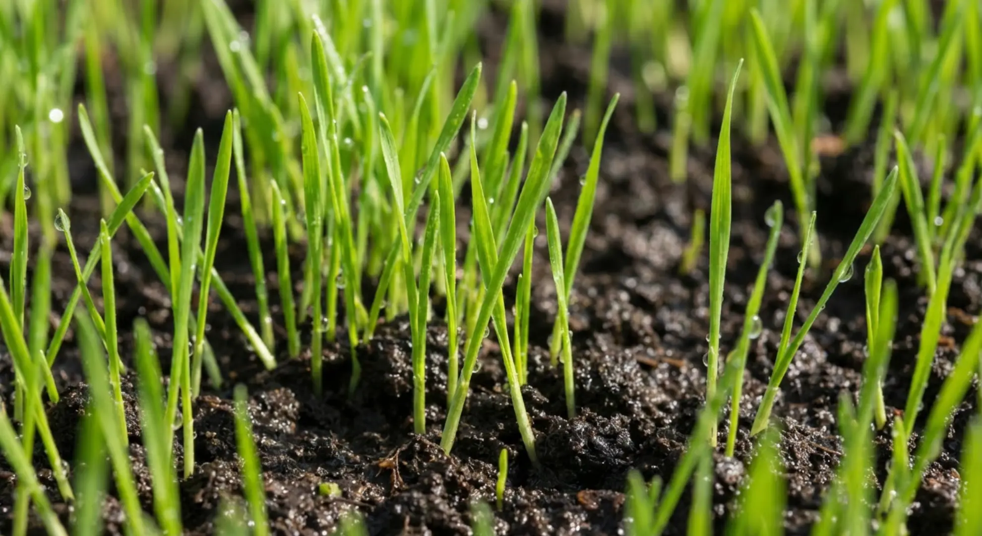 young grass seedlings one to two inches tall with water droplets on green blades