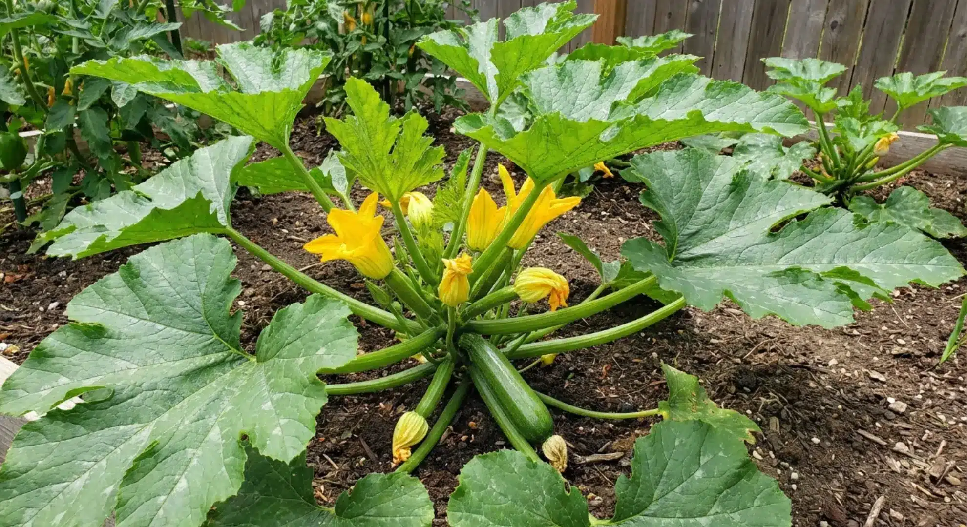 zucchini plant with yellow flowers and developing fruits growing in vegetable garden