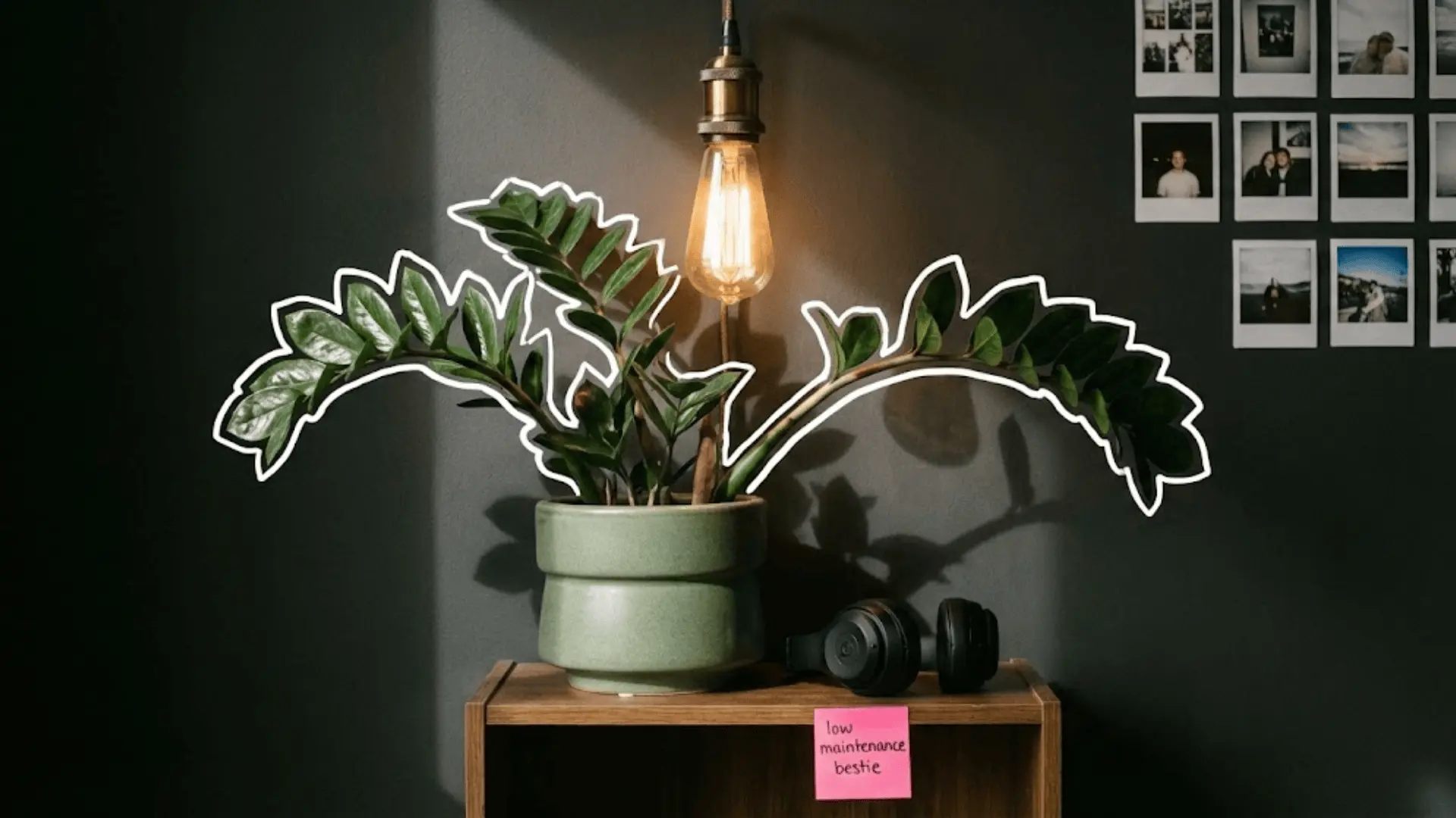 zz plant under warm light with headphones, neon sticky note, and white outlined stems on dark shelf