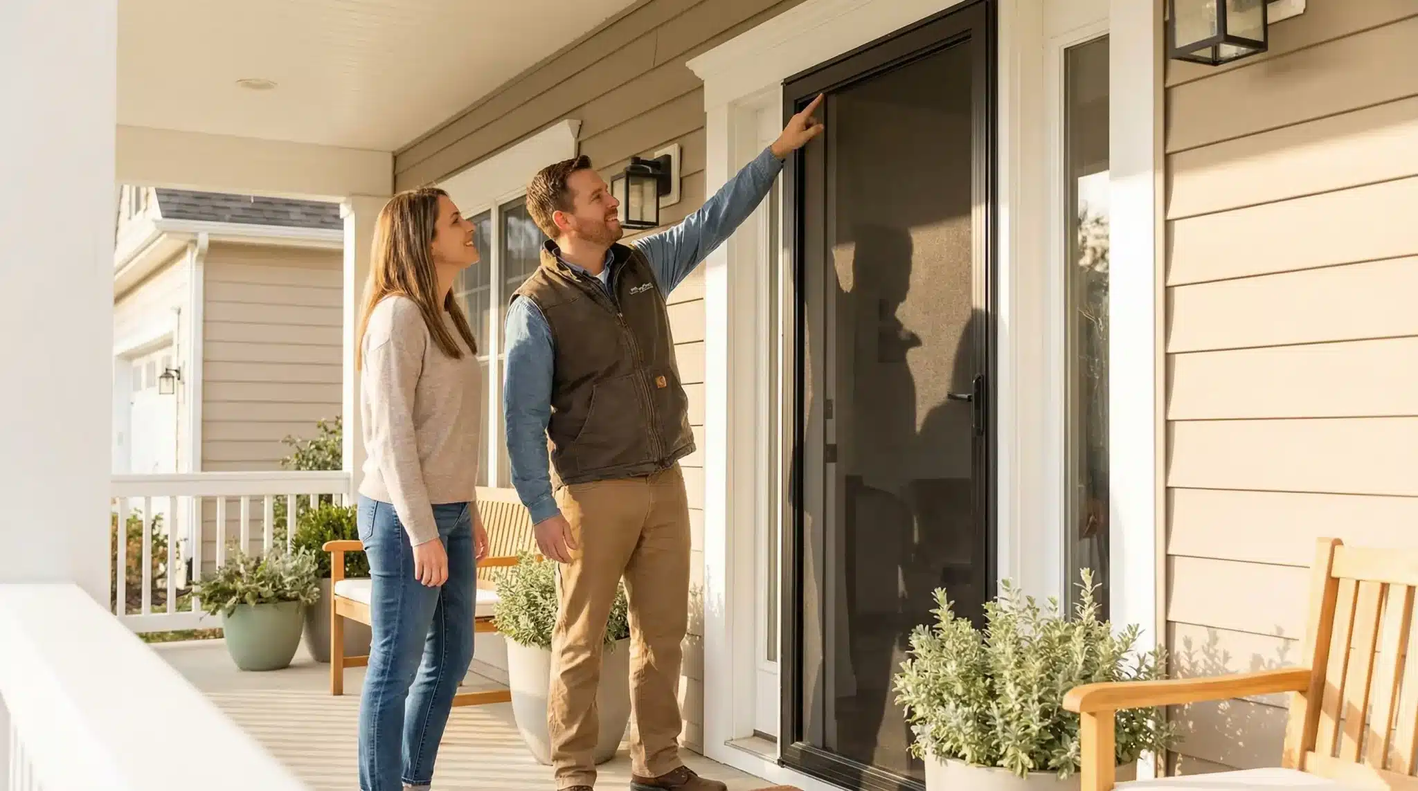 Man explaining front door features to woman on outdoor porch with potted plants