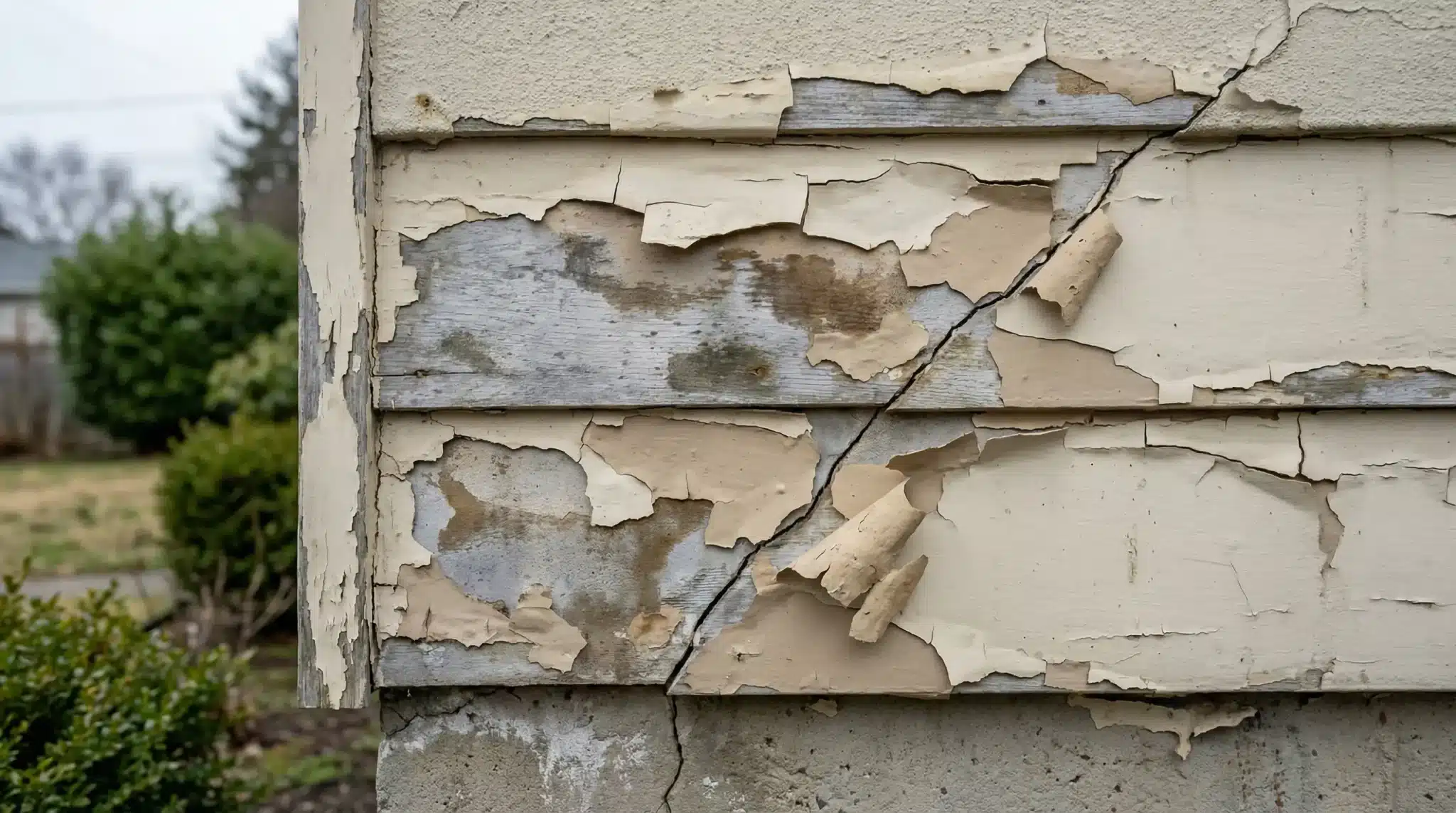 Peeling and cracking paint on exterior house siding with visible damage and weathering signs