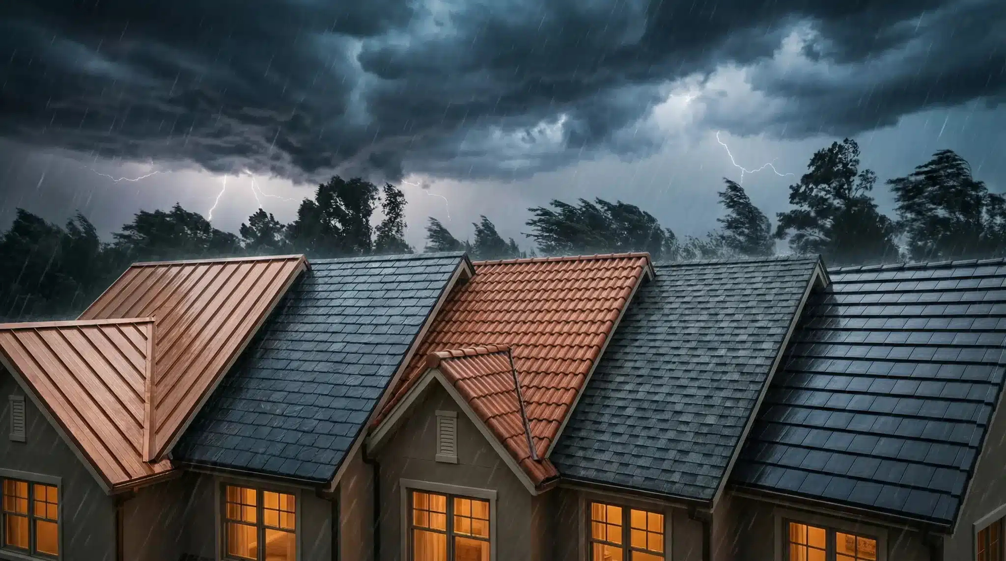 House roofs under stormy sky with rain and lightning, illuminated windows, dark and moody atmosphere