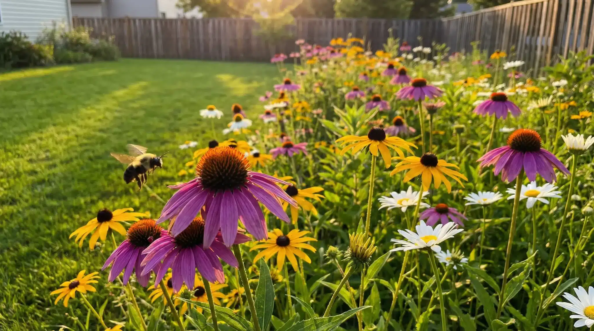 Bee hovering over colorful coneflowers in a sunlit backyard garden